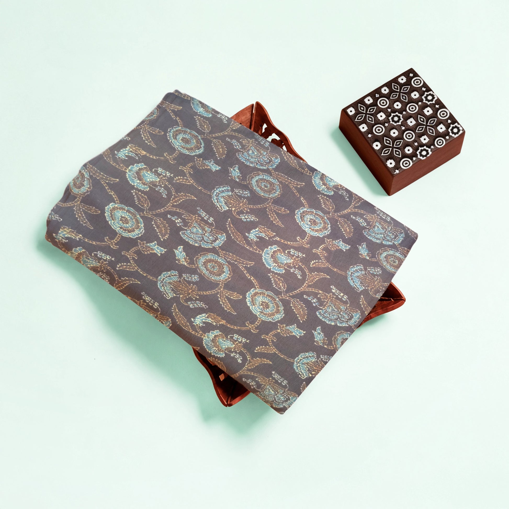 Brown Floral Natural Dyed Ajrakh Hand Block Print Khadi Cotton Fabric