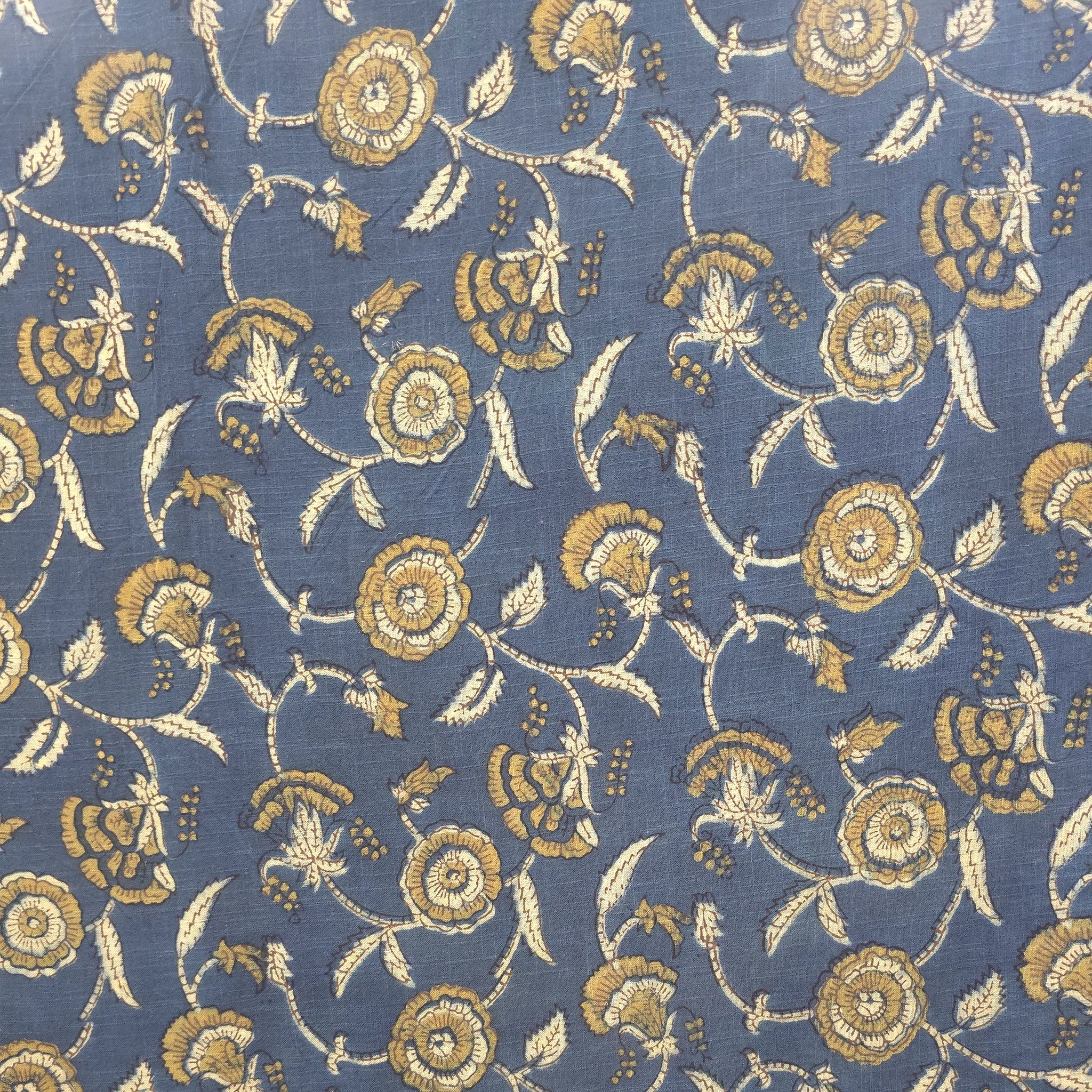 Indigo Floral Natural Dyed Ajrakh Hand Block Print Khadi Cotton Fabric