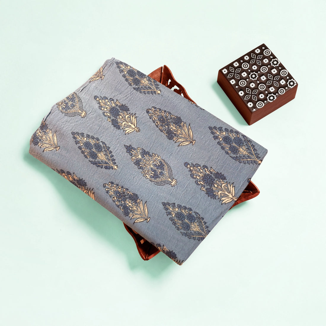 Blue Buta Natural Dyed Ajrakh Hand Block Print Malmal Fabric