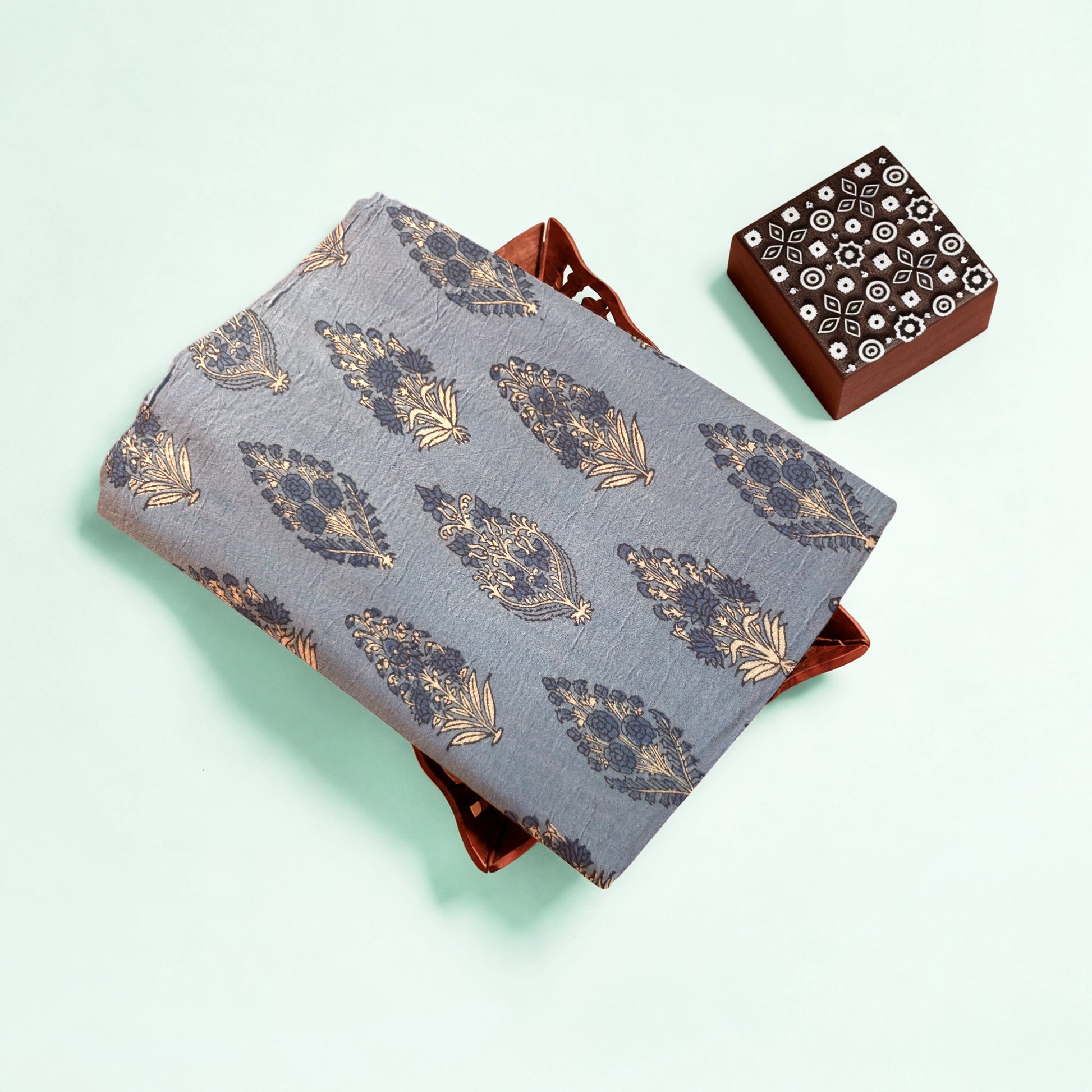 Blue Buta Natural Dyed Ajrakh Hand Block Print Malmal Fabric