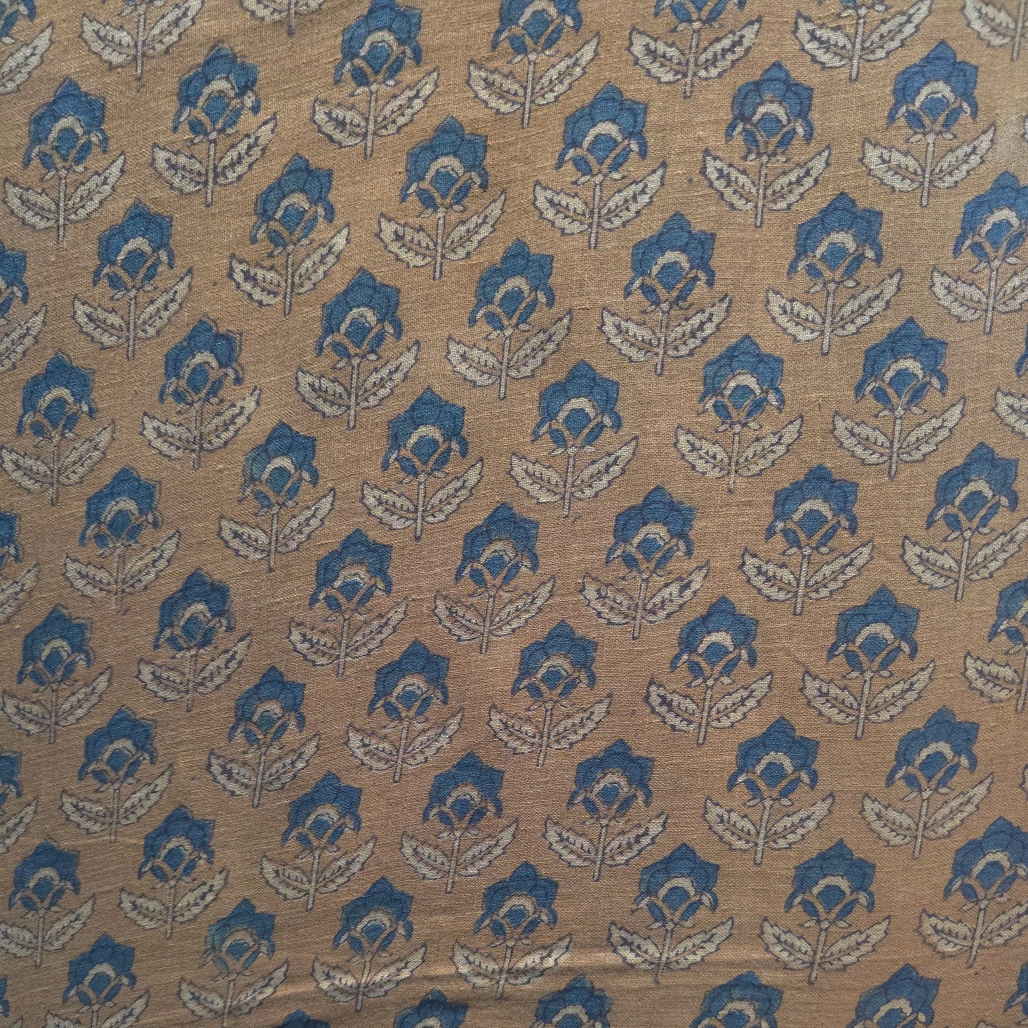Brown Flower Buti Natural Dyed Ajrakh Hand Block Print Lilen Fabric