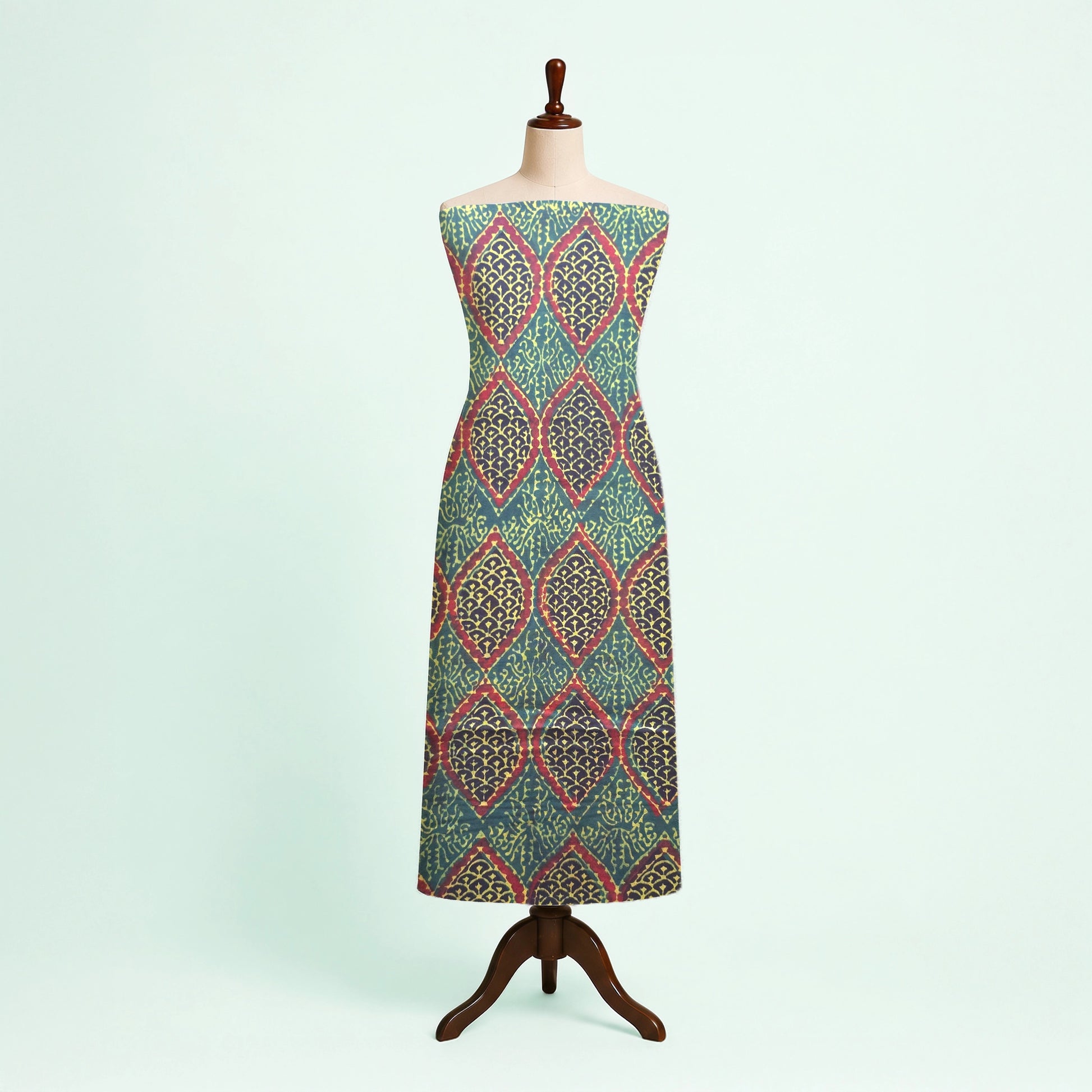 Green Geometric Natural Dyed Ajrakh Hand Block Print Modal Fabric