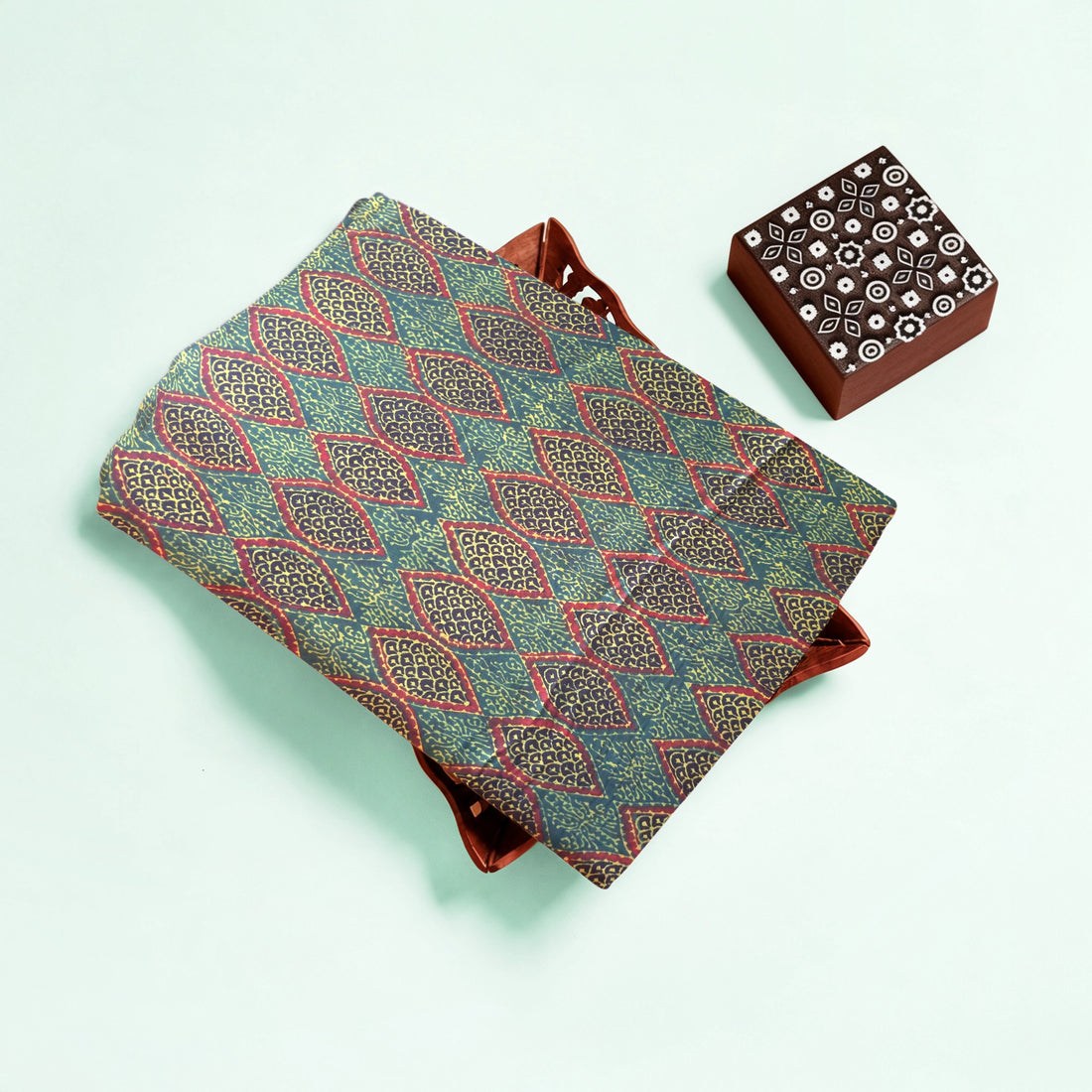 Green Geometric Natural Dyed Ajrakh Hand Block Print Modal Fabric