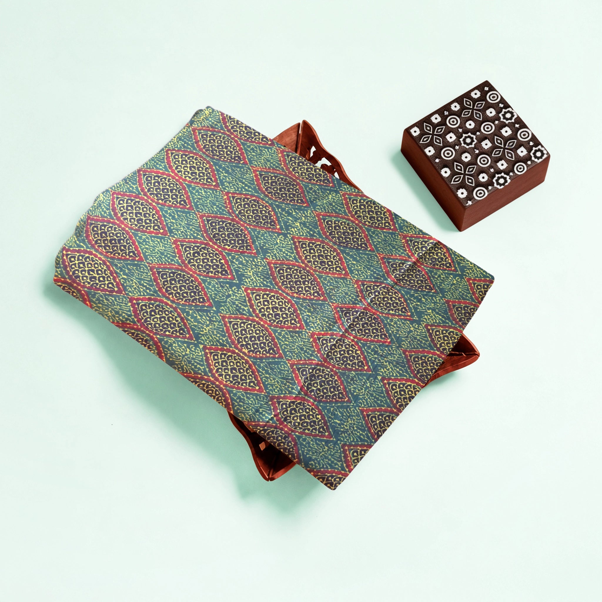 Green Geometric Natural Dyed Ajrakh Hand Block Print Modal Fabric
