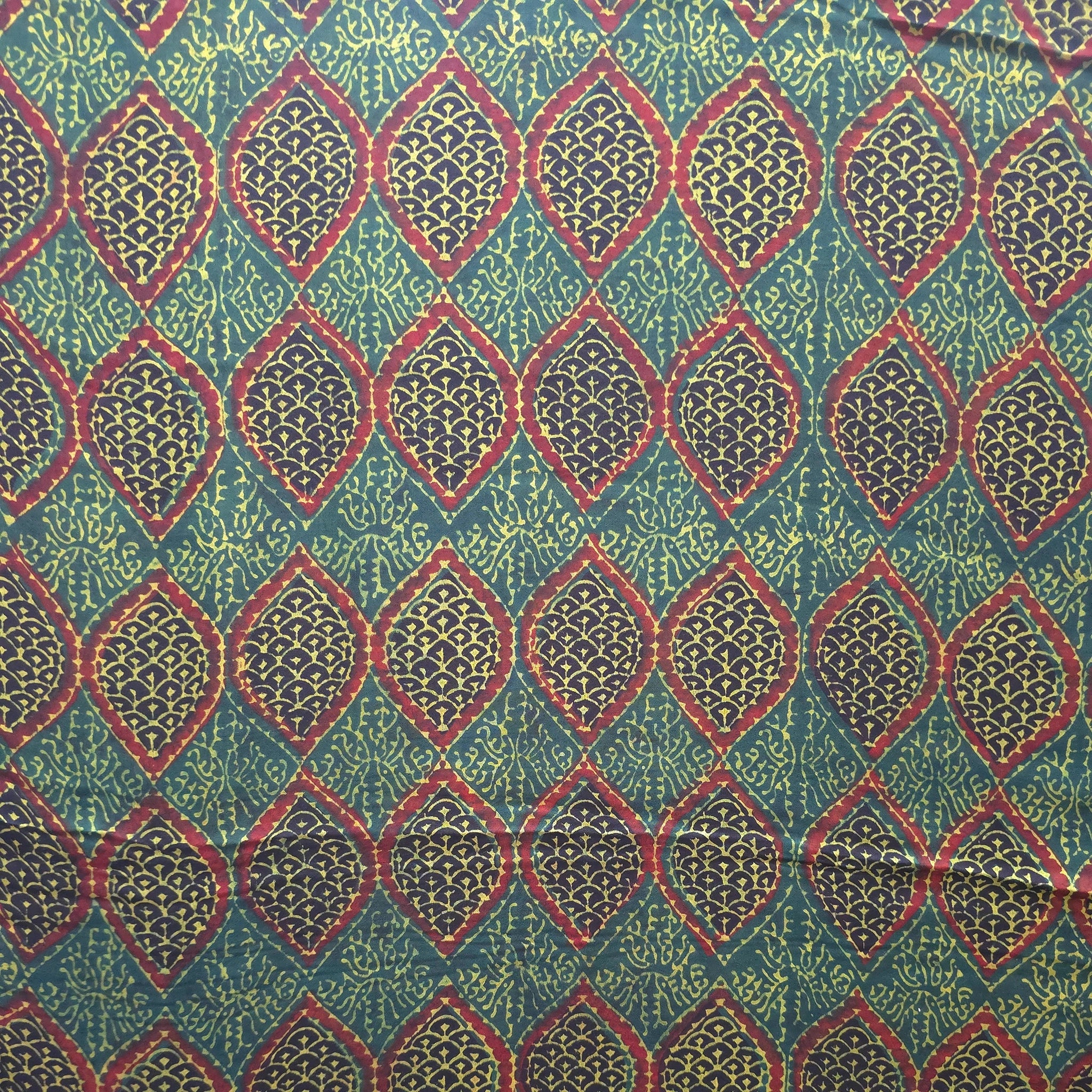 Green Geometric Natural Dyed Ajrakh Hand Block Print Modal Fabric