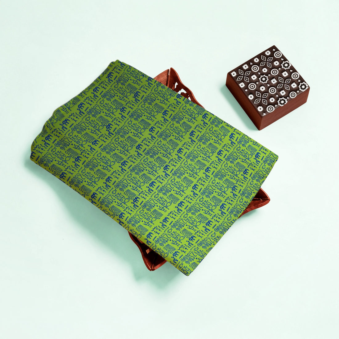 Green Geometric Kutch Hand Block Print Pure cotton Fabric