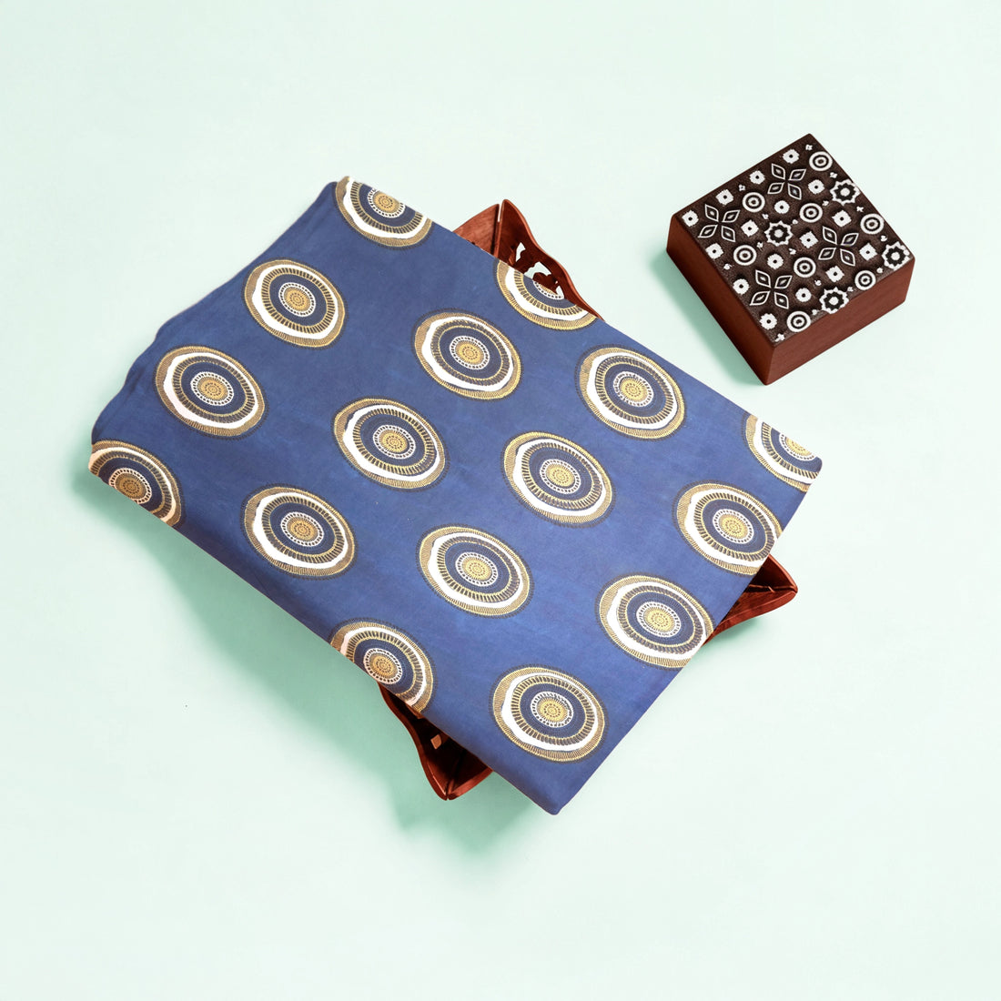 Indigo Big Circle Natural Dyed Ajrakh Hand Block Print Cotton Fabric