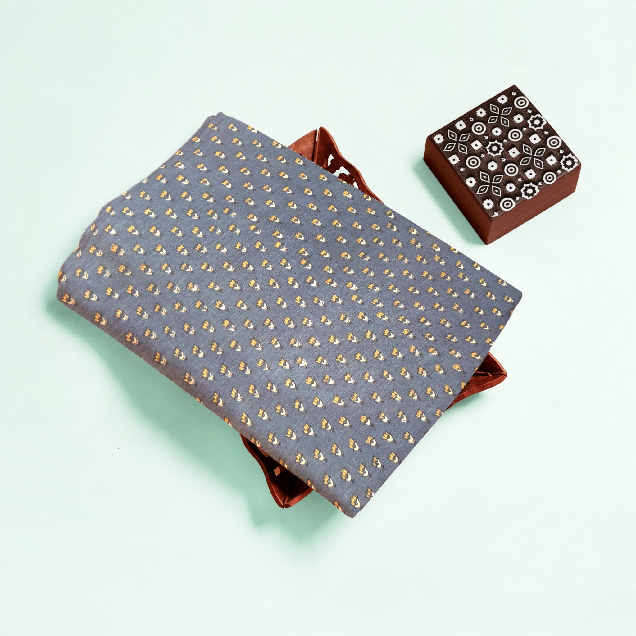 Indigo Buti Natural Dyed Ajrakh Hand Block Print Khadi Cotton Fabric