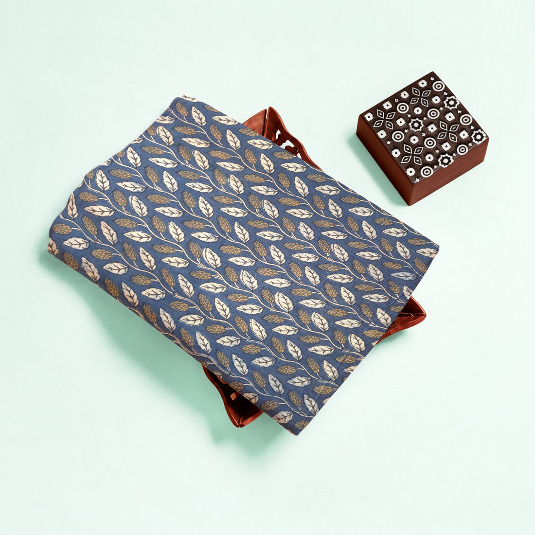 Indigo Floral Natural Dyed Ajrakh Hand Block Print Pure Handloom Organic Cotton Fabric