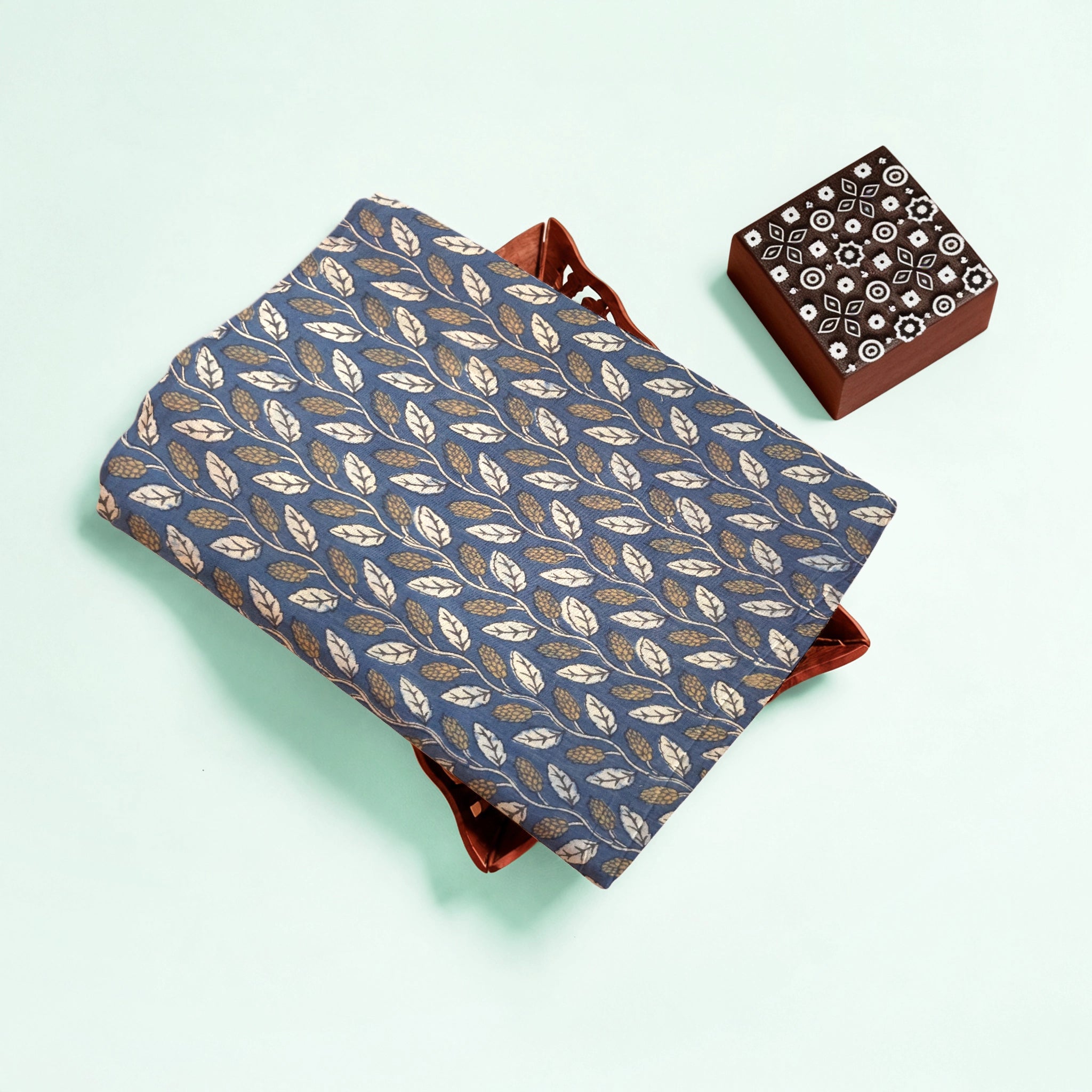 Indigo Floral Natural Dyed Ajrakh Hand Block Print Pure Handloom Organic Cotton Fabric