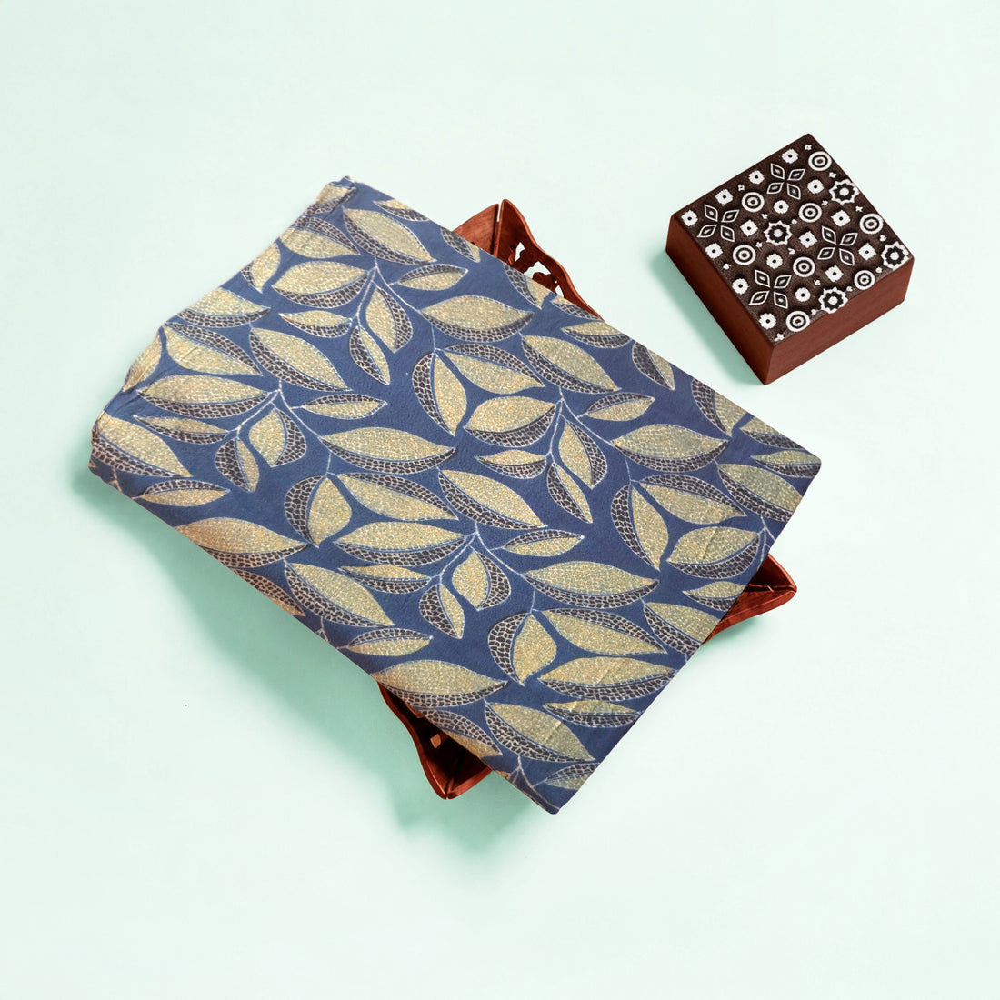 Indigo Floral Natural Dyed Ajrakh Hand Block Print Malmal Fabric