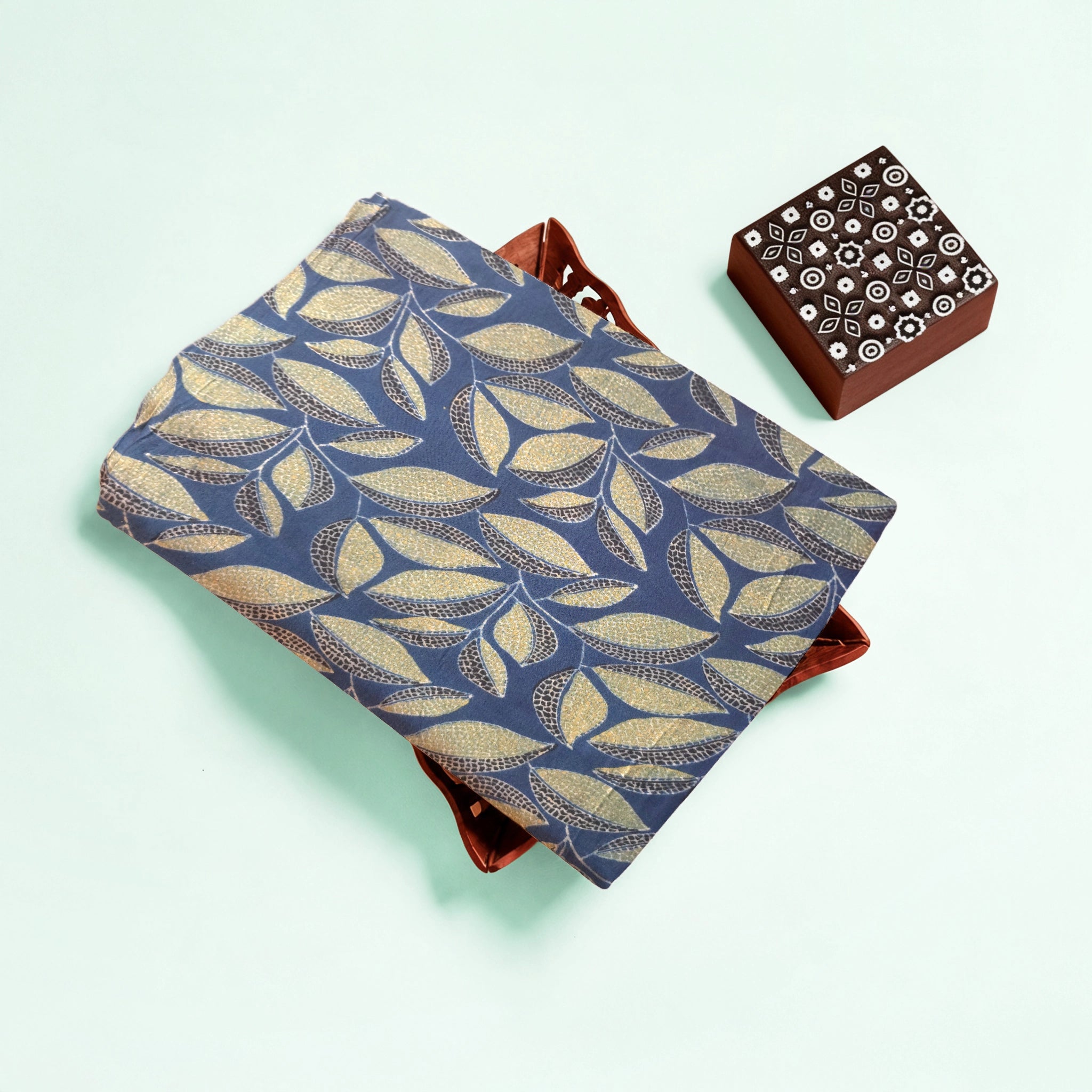 Indigo Floral Natural Dyed Ajrakh Hand Block Print Malmal Fabric
