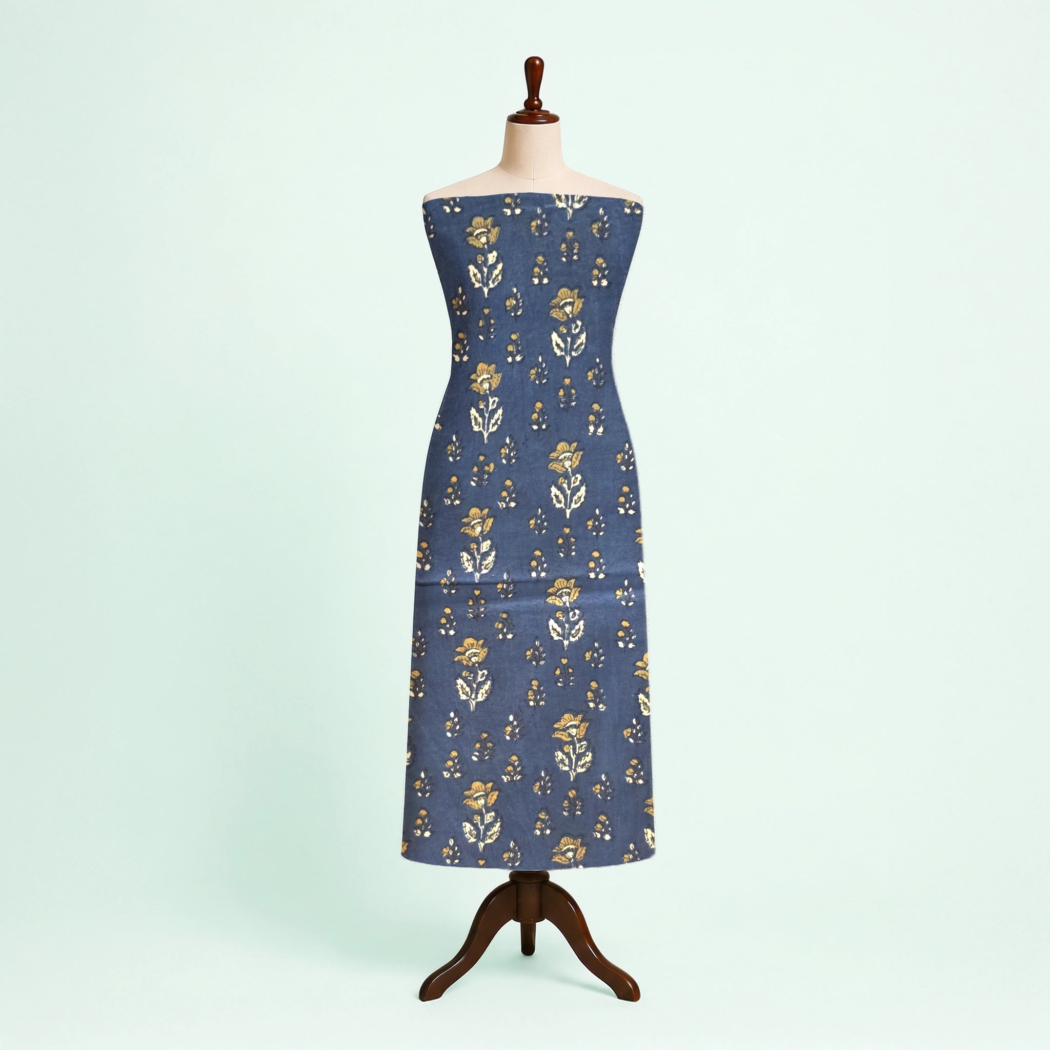 Indigo Floral Buti Natural Dyed Ajrakh Hand Block Print Cotton Fabric