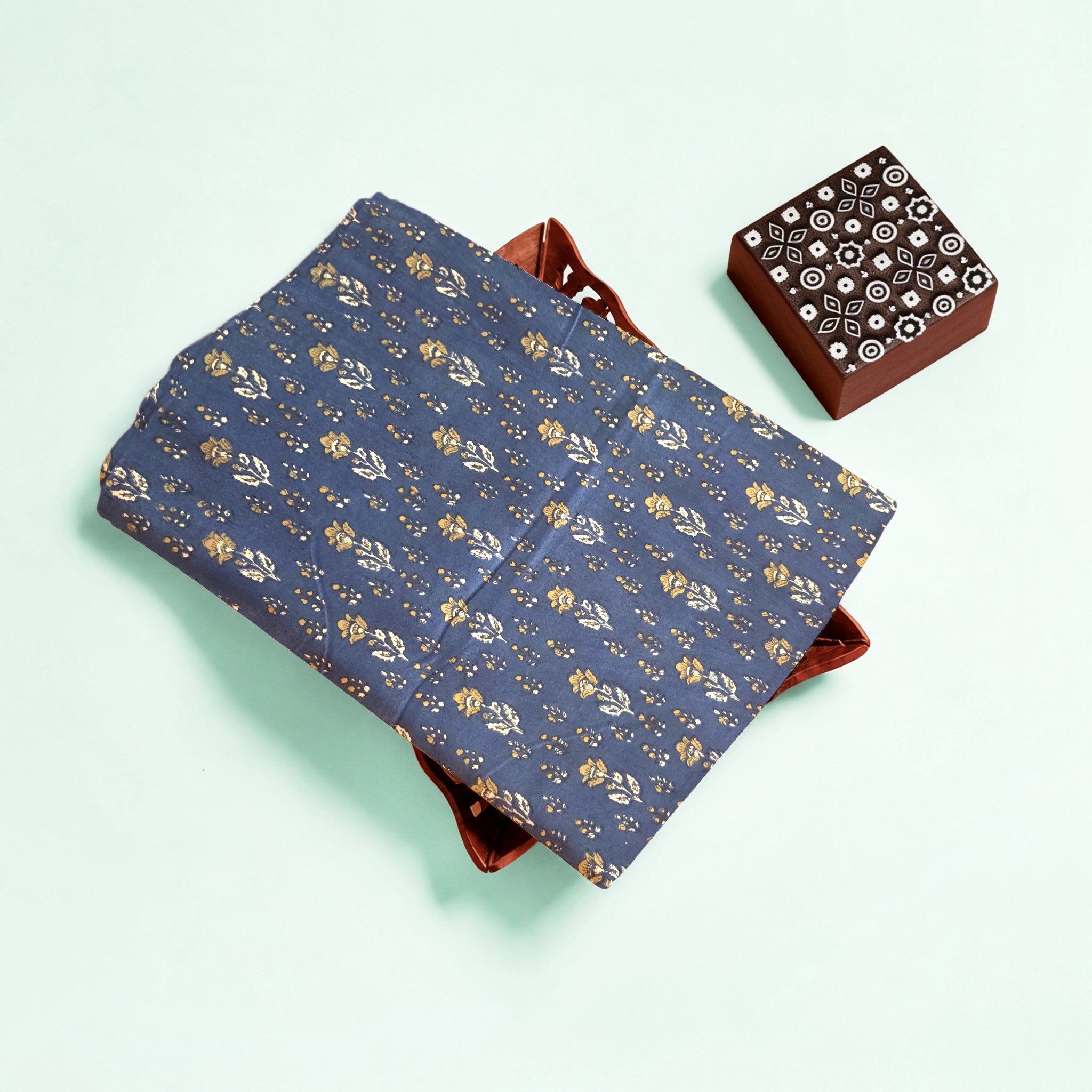 Indigo Floral Buti Natural Dyed Ajrakh Hand Block Print Cotton Fabric