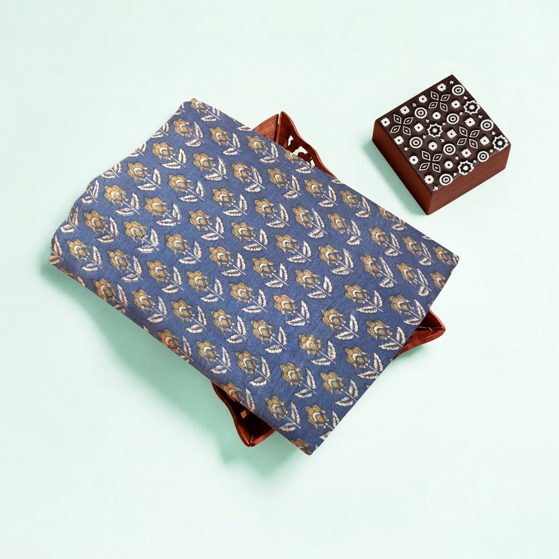 Indigo Flower Buti Natural Dyed Ajrakh Hand Block Print Lilen Fabric