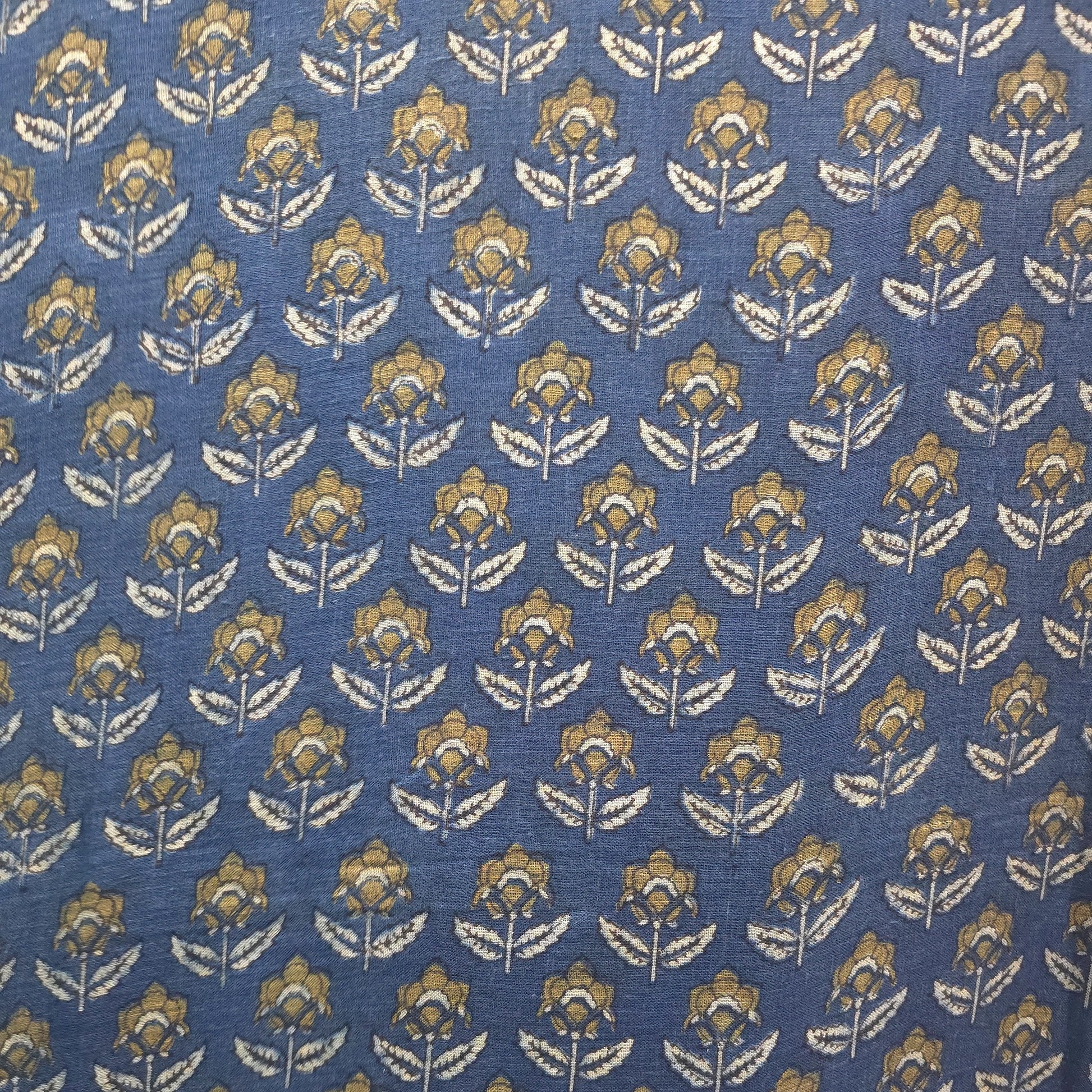 Indigo Flower Buti Natural Dyed Ajrakh Hand Block Print Lilen Fabric