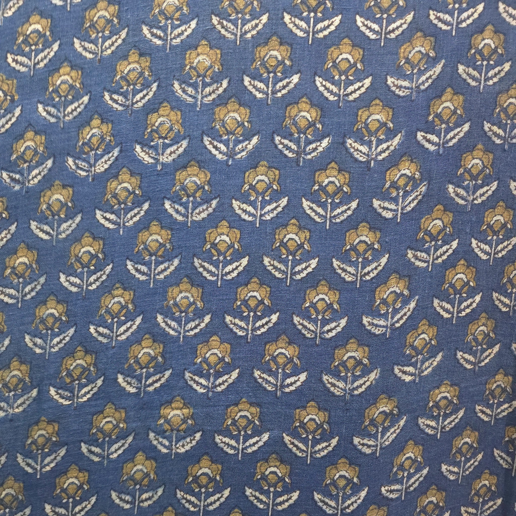 Indigo Flower Buti Natural Dyed Ajrakh Hand Block Print Lilen Fabric