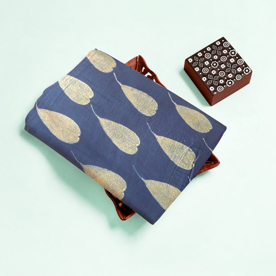 Indigo Mustard Buta Natural Dyed Ajrakh Hand Block Print Malmal Fabric