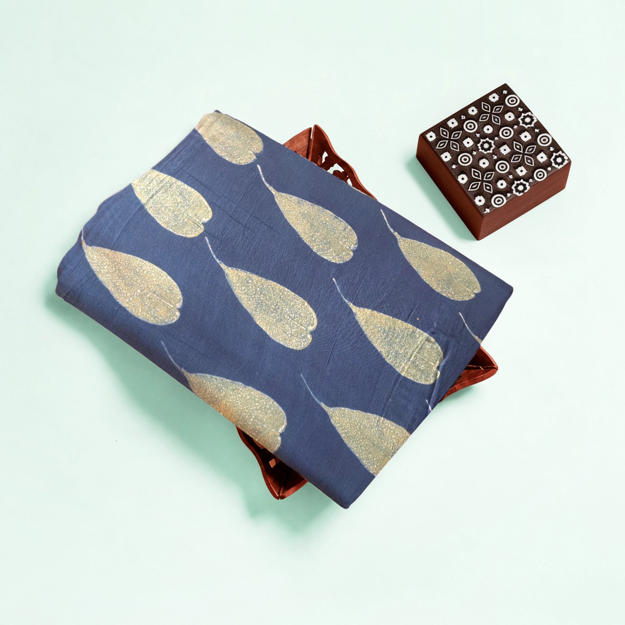 Indigo Mustard Buta Natural Dyed Ajrakh Hand Block Print Malmal Fabric