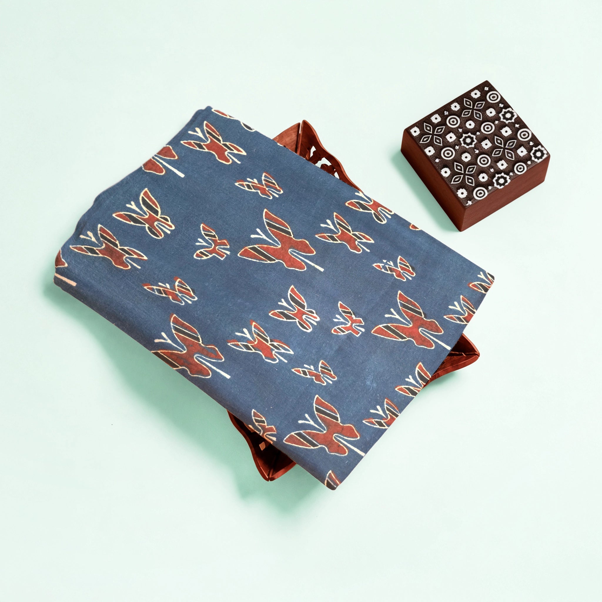 Indigo Red Butterfly Natural Dyed Ajrakh Hand Block Print Cotton Fabric