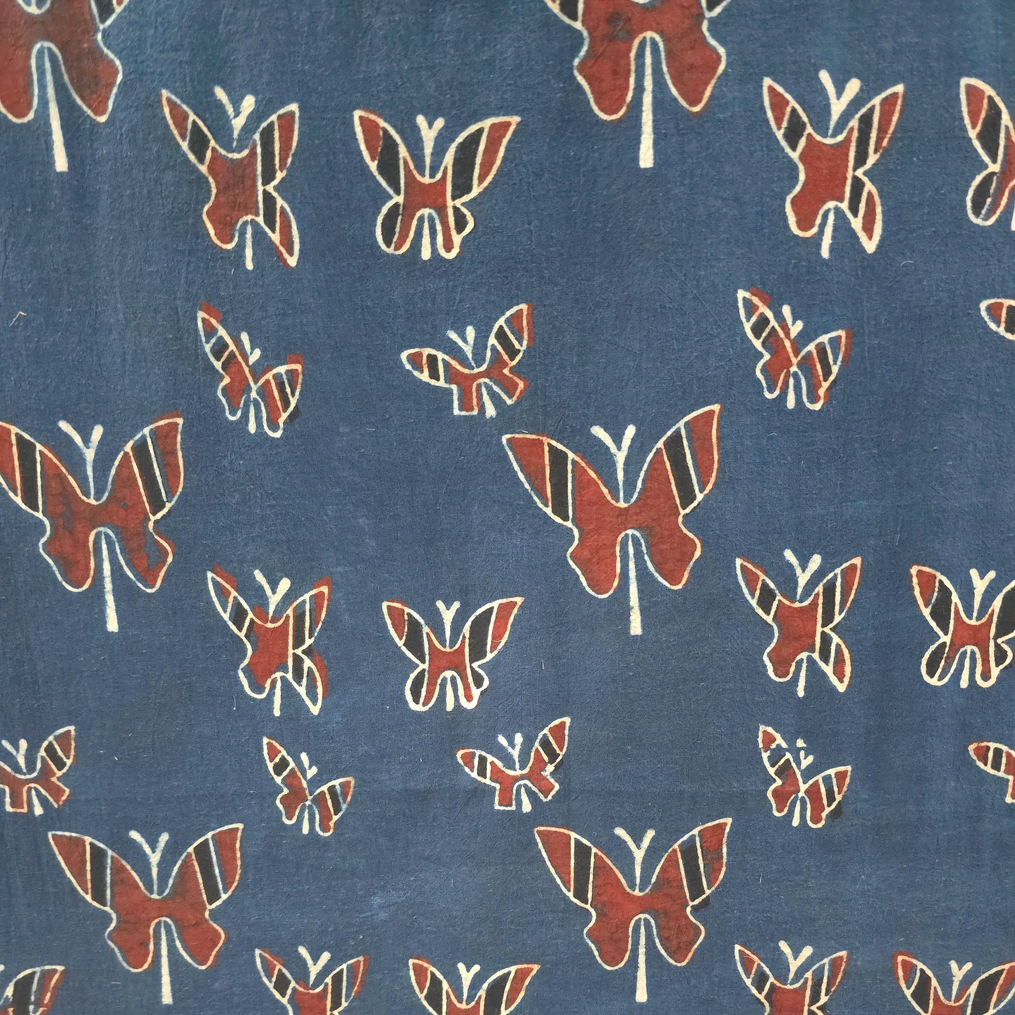 Indigo Red Butterfly Natural Dyed Ajrakh Hand Block Print Cotton Fabric