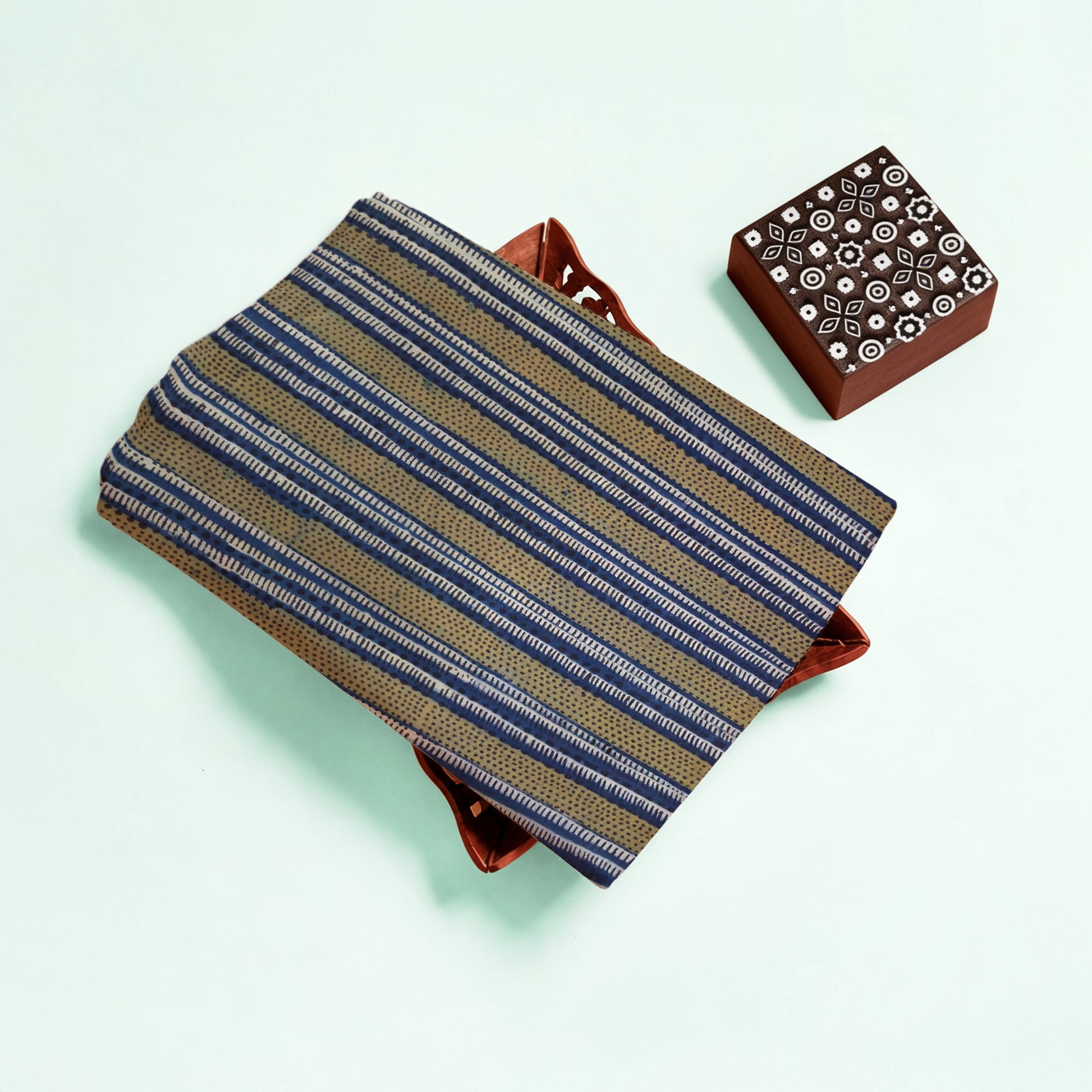 Indigo Stripe Natural Dyed Ajrakh Hand Block Print Cotton Fabric
