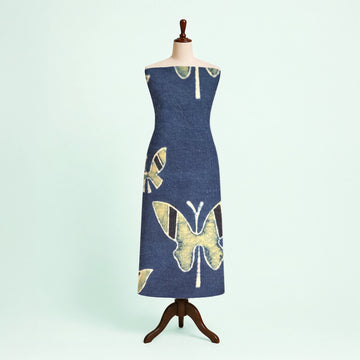 Indigo Yellow Butterfly Natural Dyed Ajrakh Hand Block Print Cotton Fabric