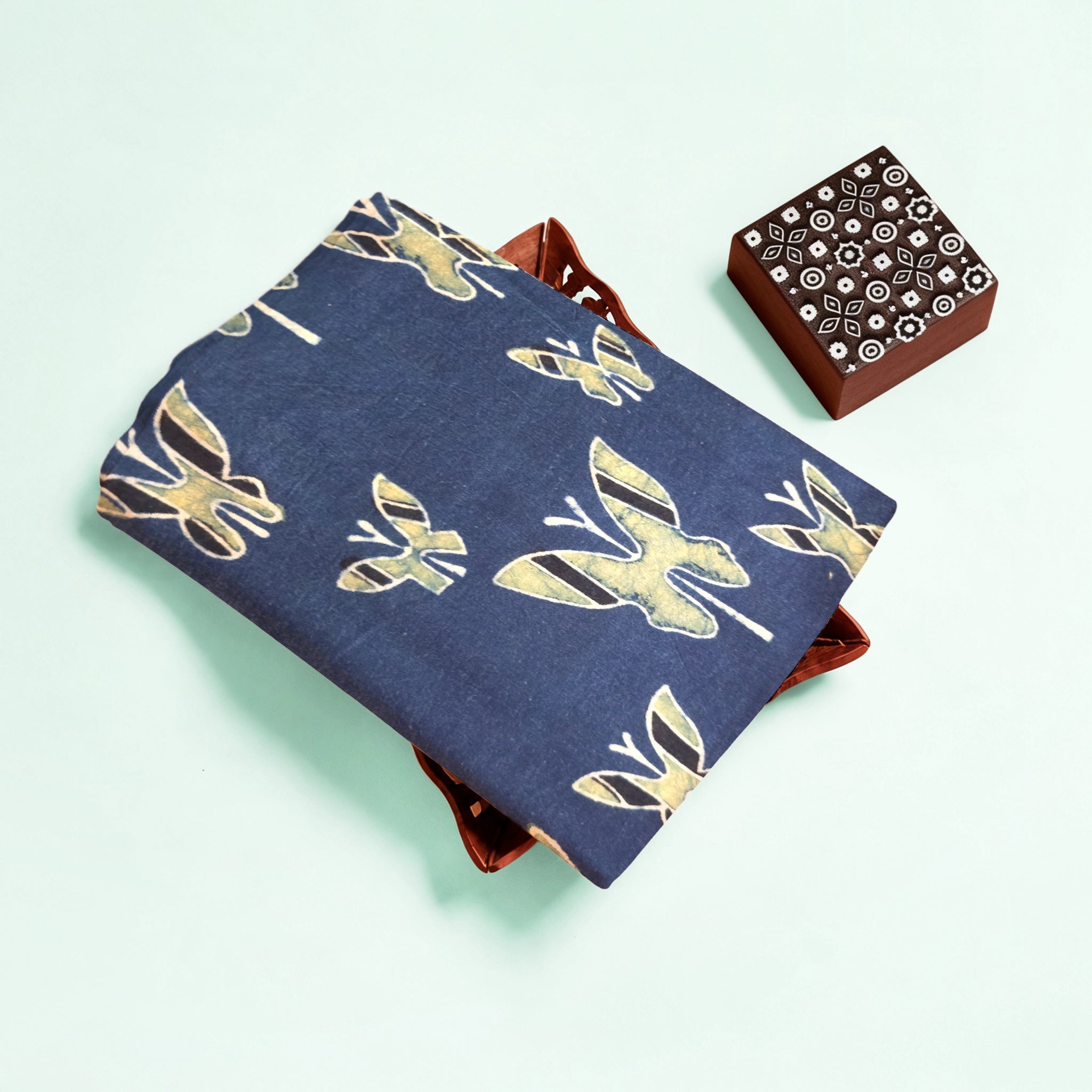 Indigo Yellow Butterfly Natural Dyed Ajrakh Hand Block Print Cotton Fabric