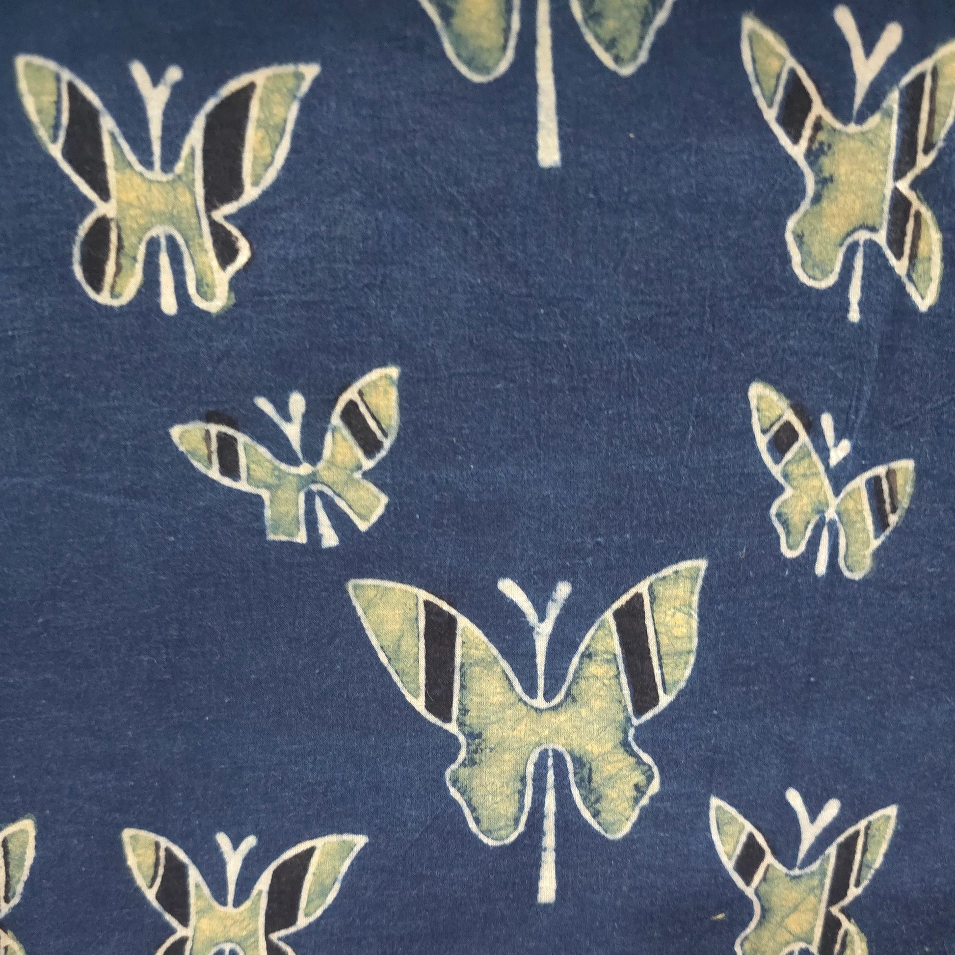 Indigo Yellow Butterfly Natural Dyed Ajrakh Hand Block Print Cotton Fabric