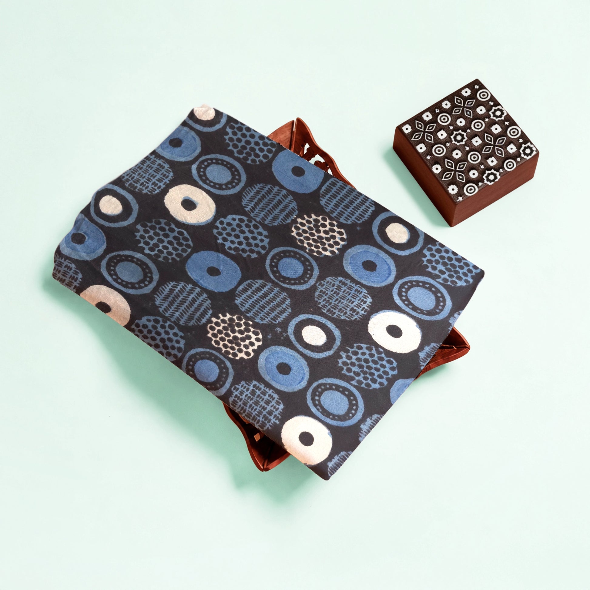 Light Blue Geometric Natural Dyed Ajrakh Hand Block Print Cotton Fabric
