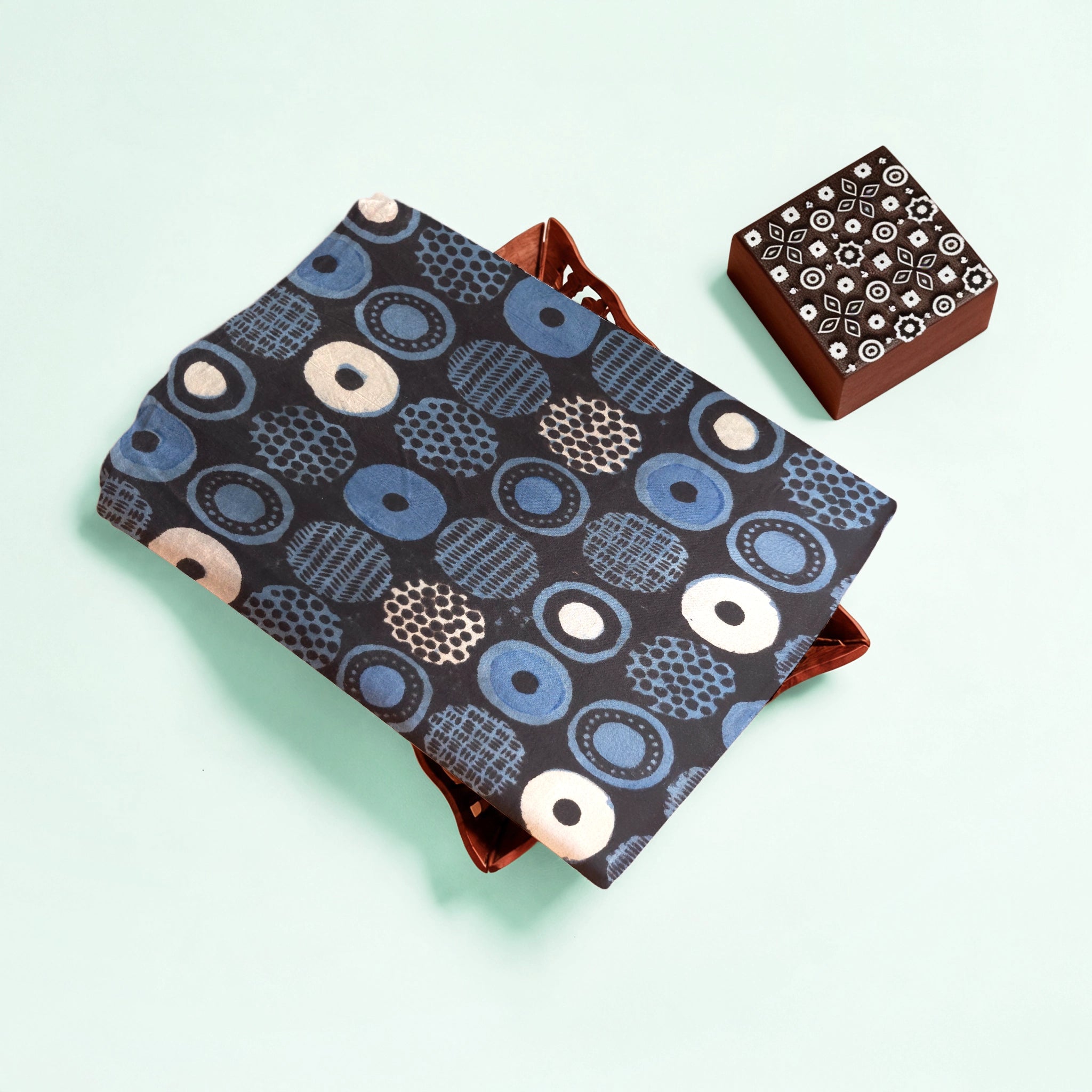 Light Blue Geometric Natural Dyed Ajrakh Hand Block Print Cotton Fabric