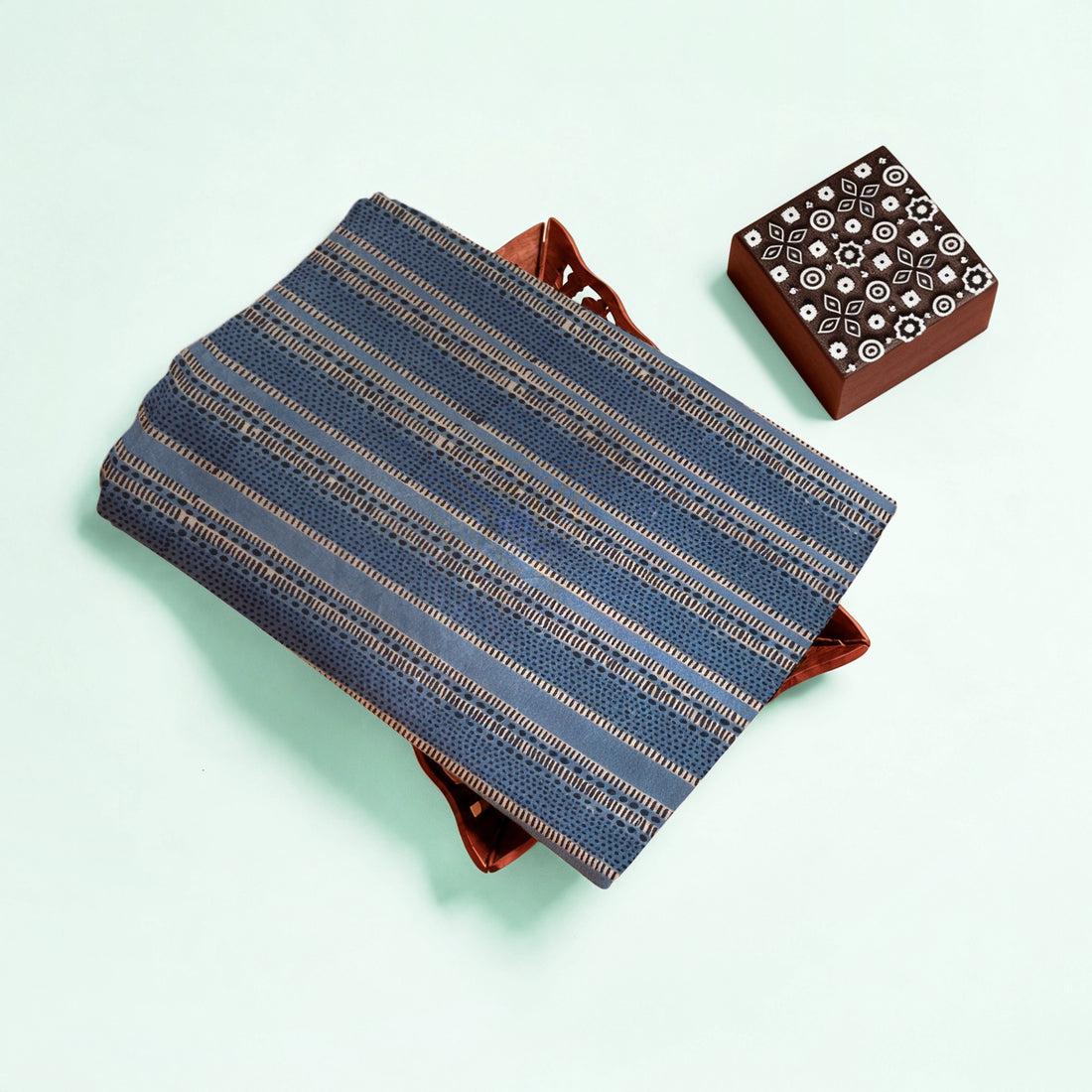 Light Blue Stripe Natural Dyed Ajrakh Hand Block Print Cotton Fabric