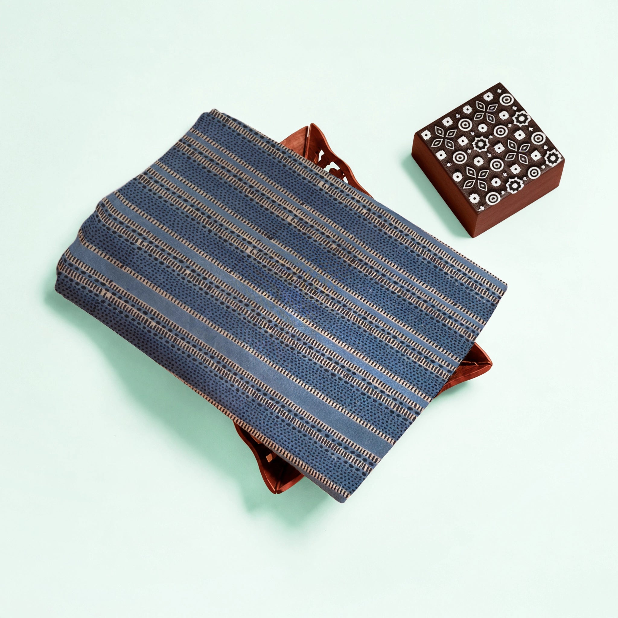 Light Blue Stripe Natural Dyed Ajrakh Hand Block Print Cotton Fabric