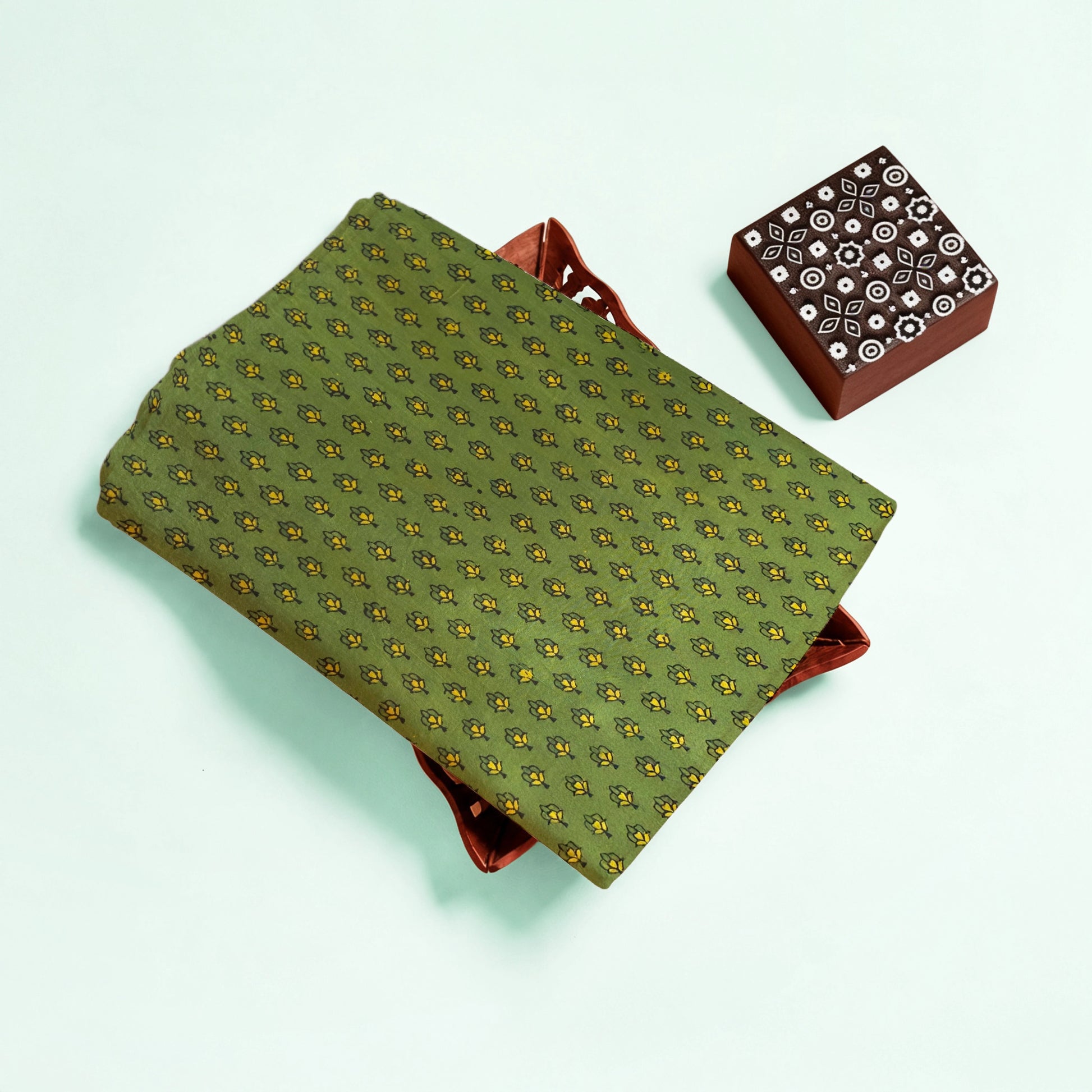 Light Green Butti Natural Dyed Ajrakh Hand Block Print Cotton Fabric