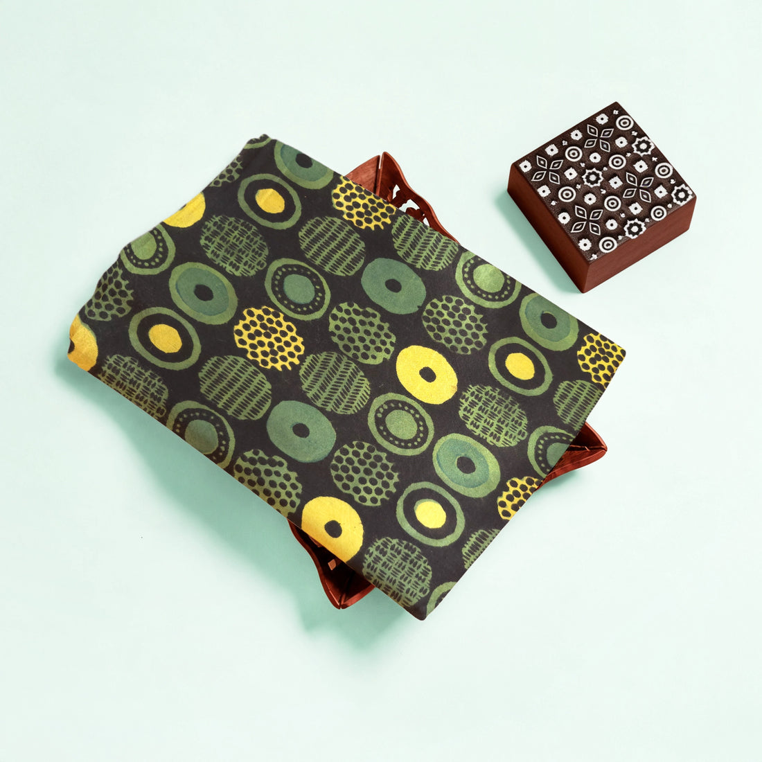 Light Green Geometric Natural Dyed Ajrakh Hand Block Print Cotton Fabric