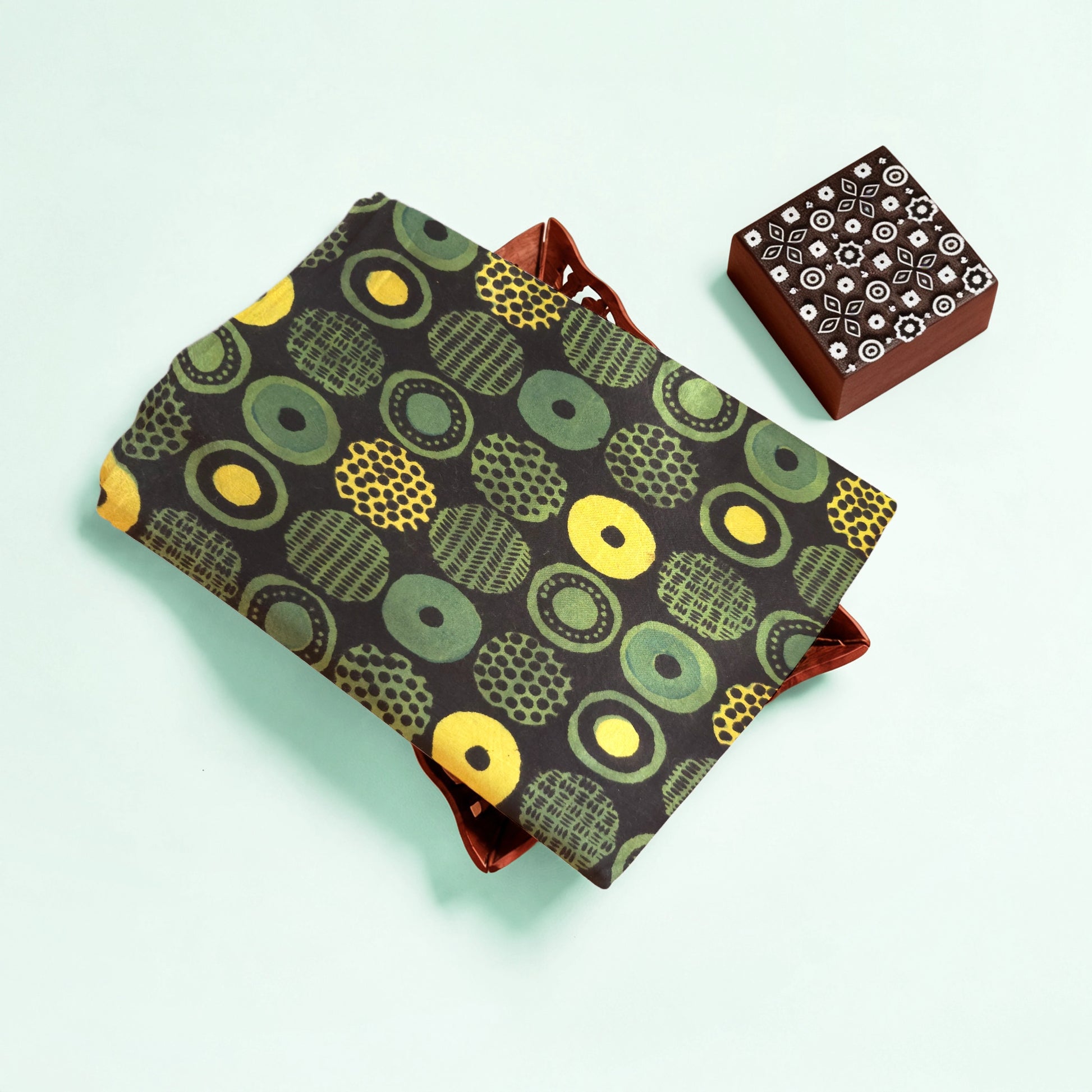 Light Green Geometric Natural Dyed Ajrakh Hand Block Print Cotton Fabric