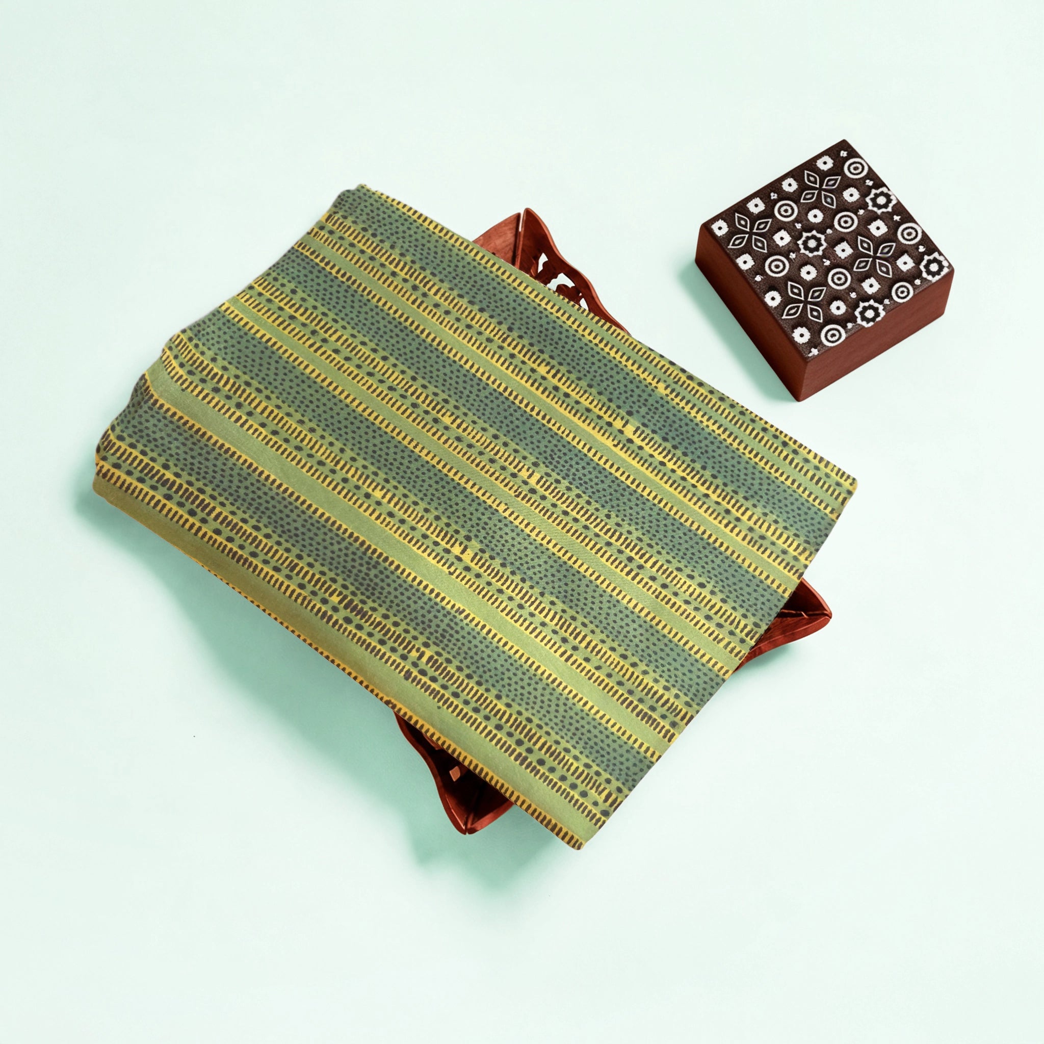 Light green Stripe Natural Dyed Ajrakh Hand Block Print Cotton Fabric