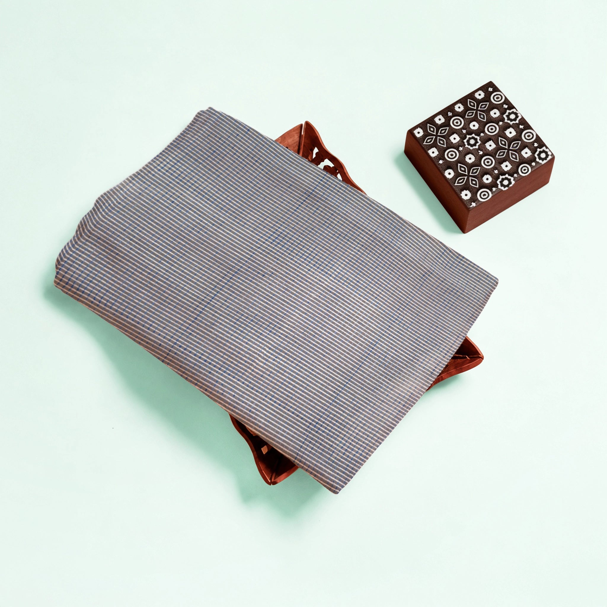 Light Grey Checks Natural Dyed Ajrakh Hand Block Print Cotton Fabric
