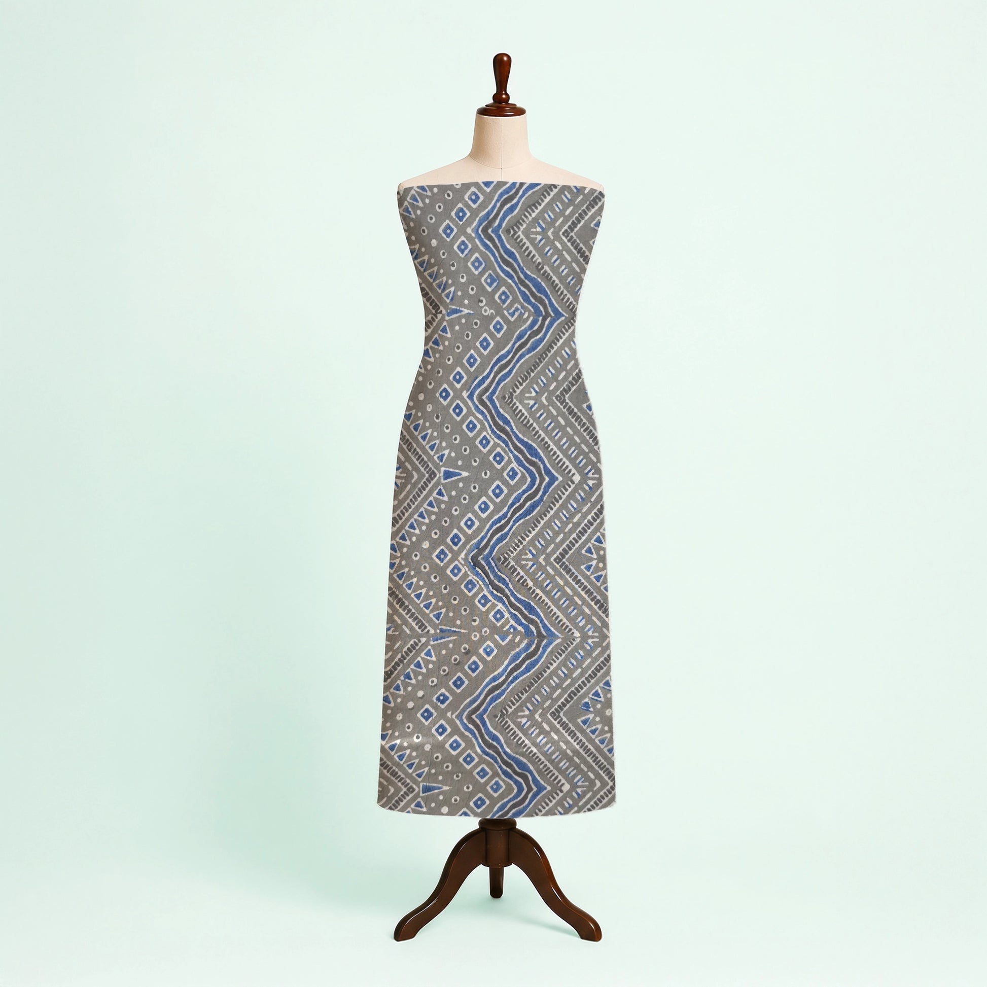 Light Grey Zigzag Natural Dyed Ajrakh Hand Block Print Cotton Fabric