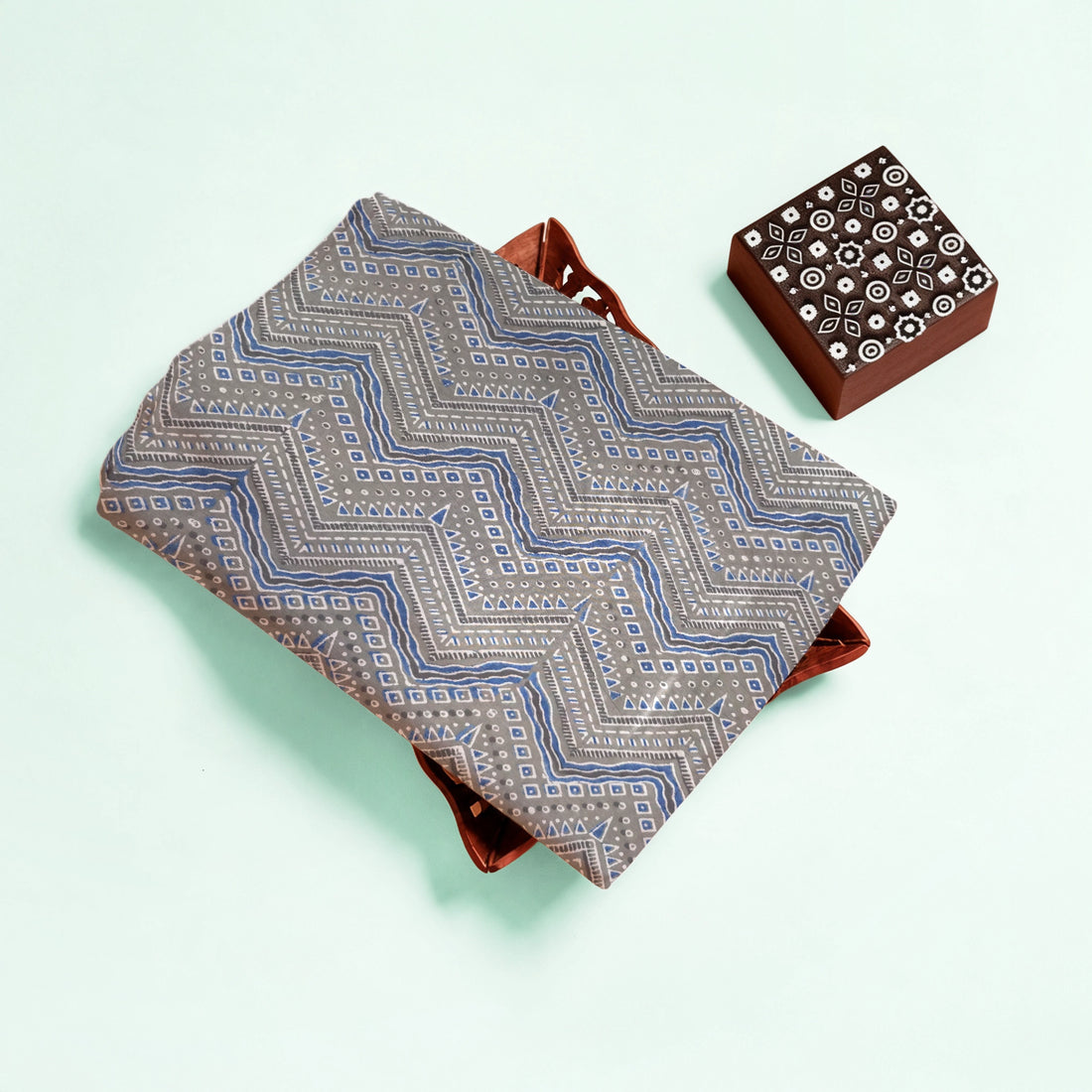 Light Grey Zigzag Natural Dyed Ajrakh Hand Block Print Cotton Fabric