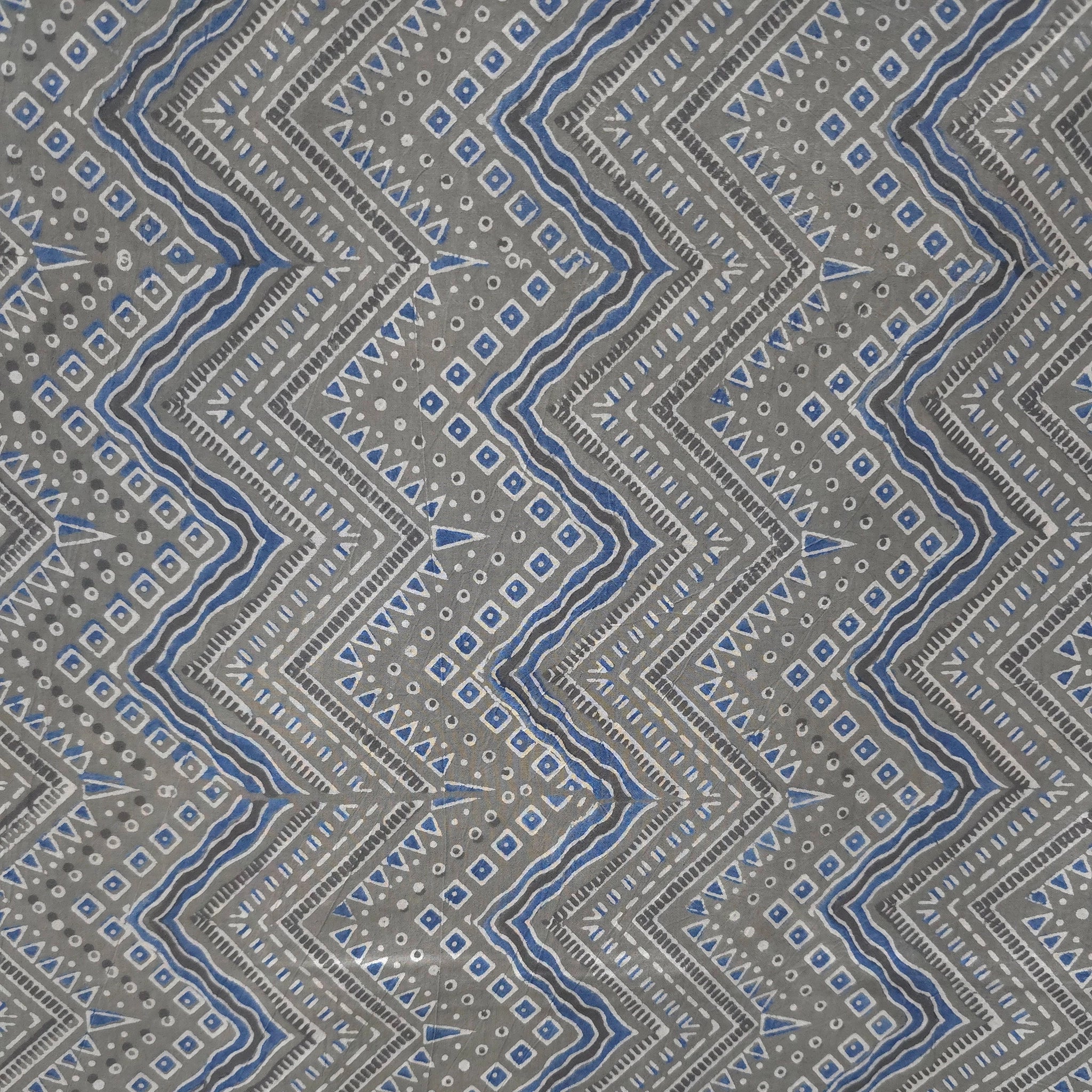 Light Grey Zigzag Natural Dyed Ajrakh Hand Block Print Cotton Fabric