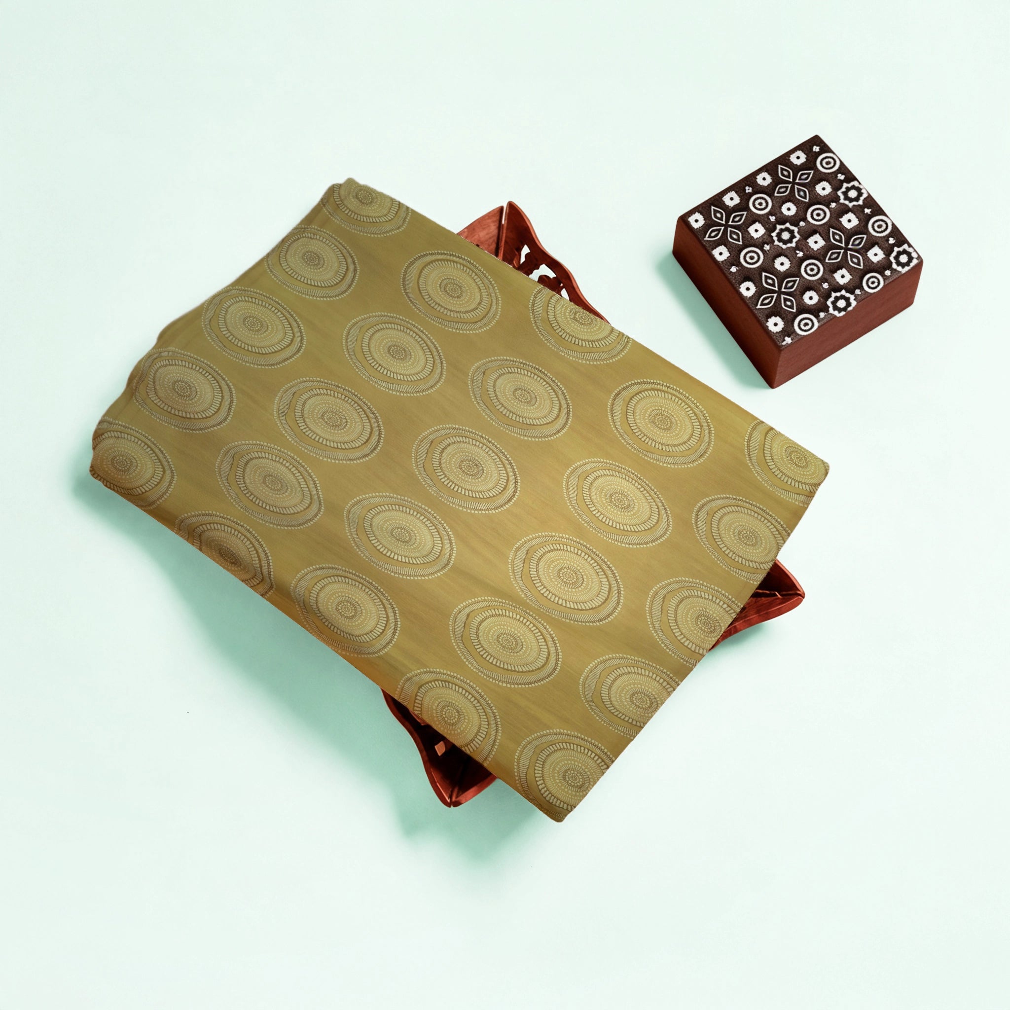 Mustard Big Circle Natural Dyed Ajrakh Hand Block Print Cotton Fabric