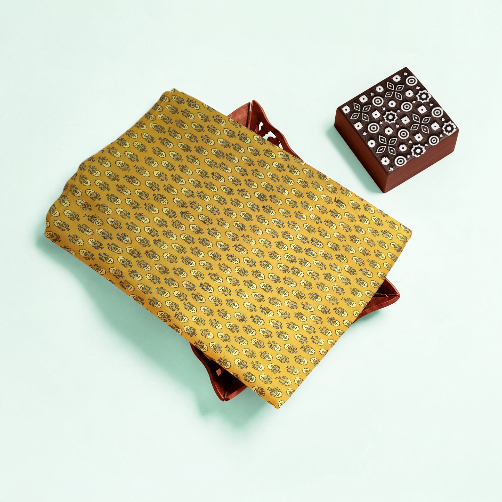 Mustard Buti Natural Dyed Ajrakh Hand Block Print Cotton Fabric
