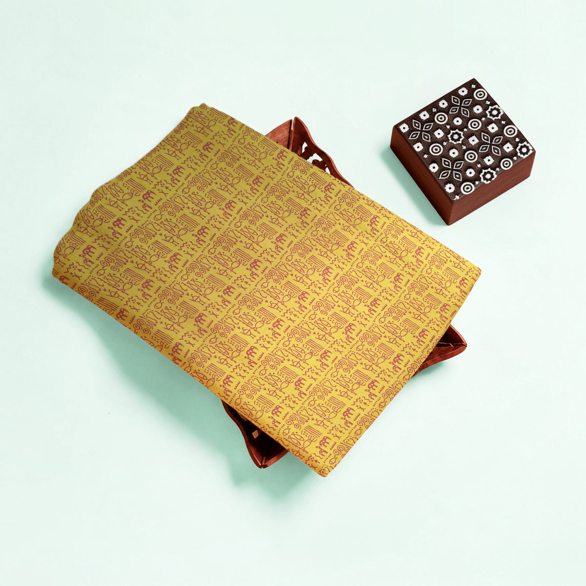 Mustard Geometric Kutch Hand Block Print Pure cotton Fabric 2