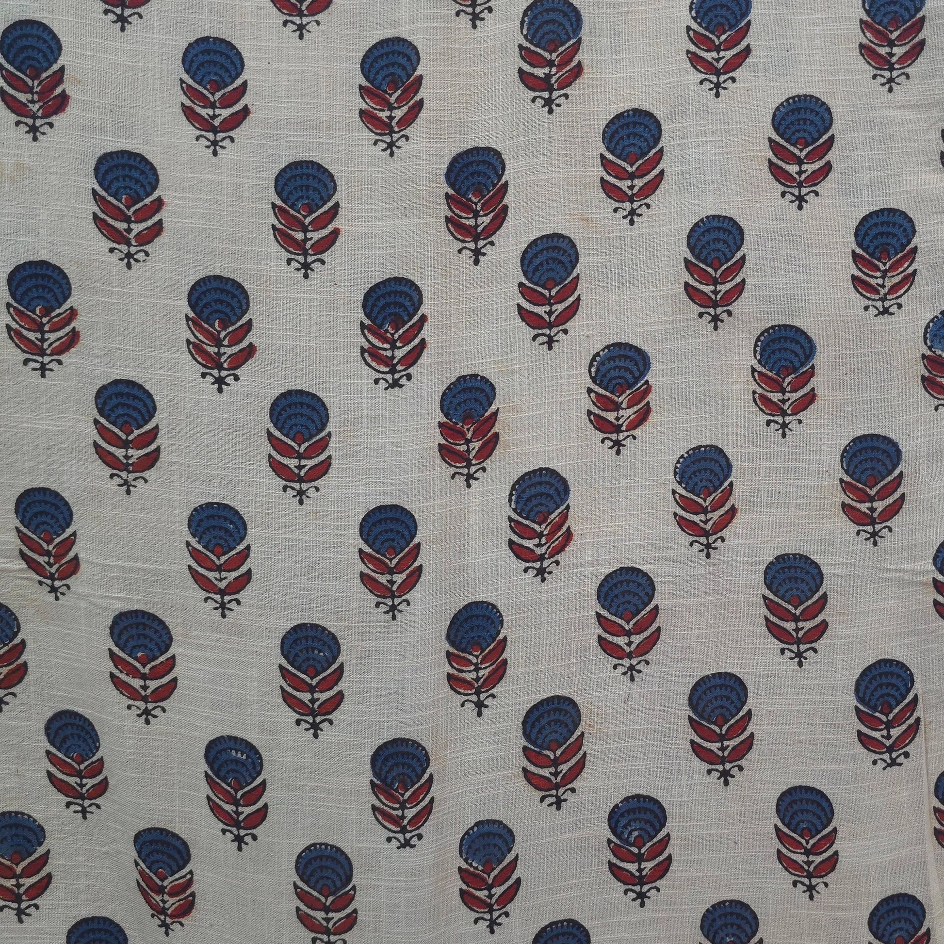 Off White Buti Natural Dyed Ajrakh Hand Block Print Khadi Cotton Fabric