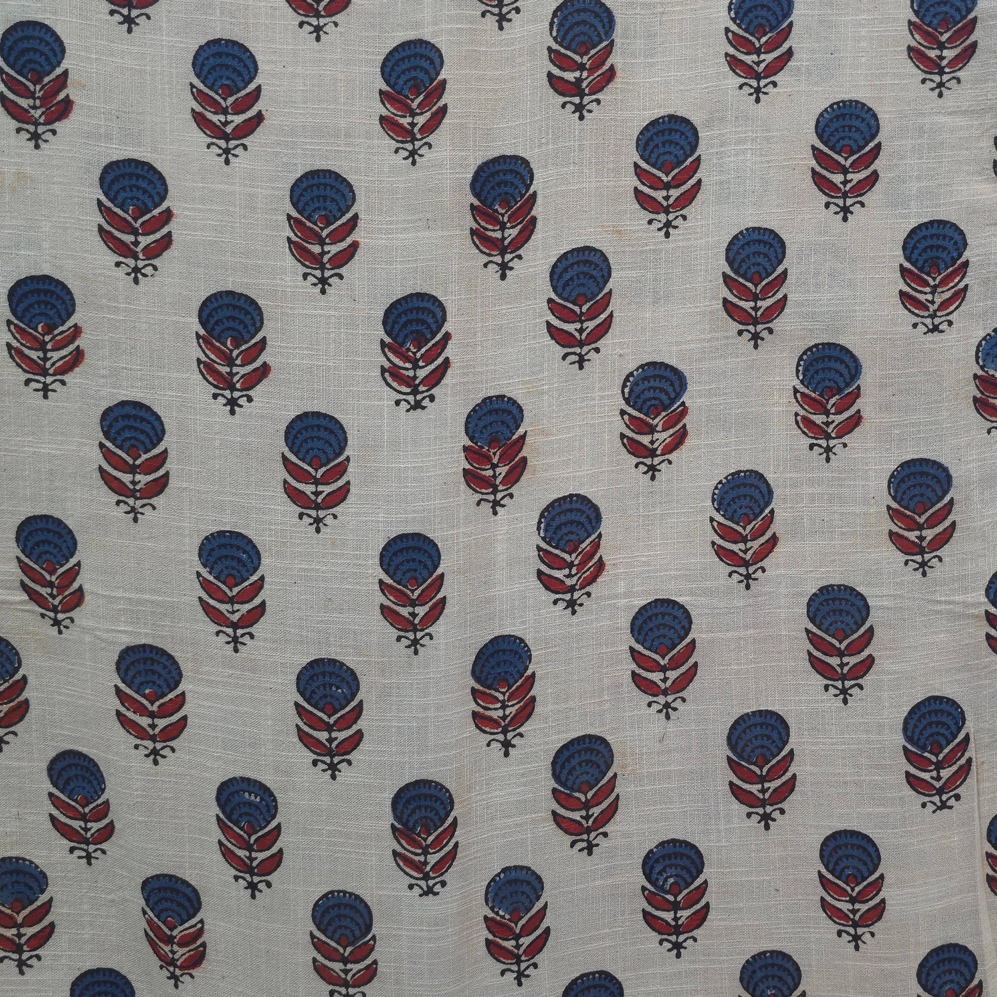 Off White Buti Natural Dyed Ajrakh Hand Block Print Khadi Cotton Fabric