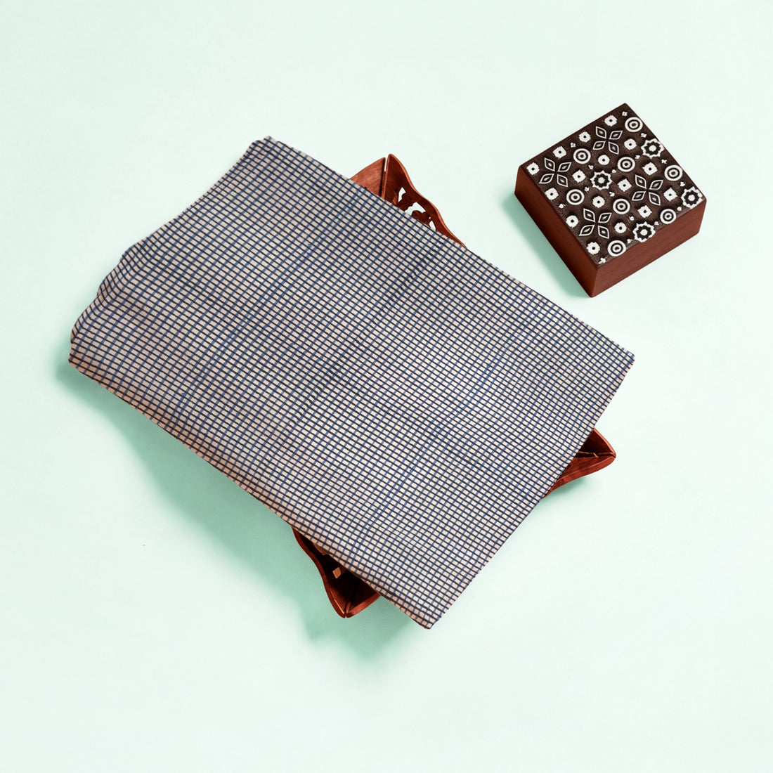Off White Checks Natural Dyed Ajrakh Hand Block Print Cotton Fabric