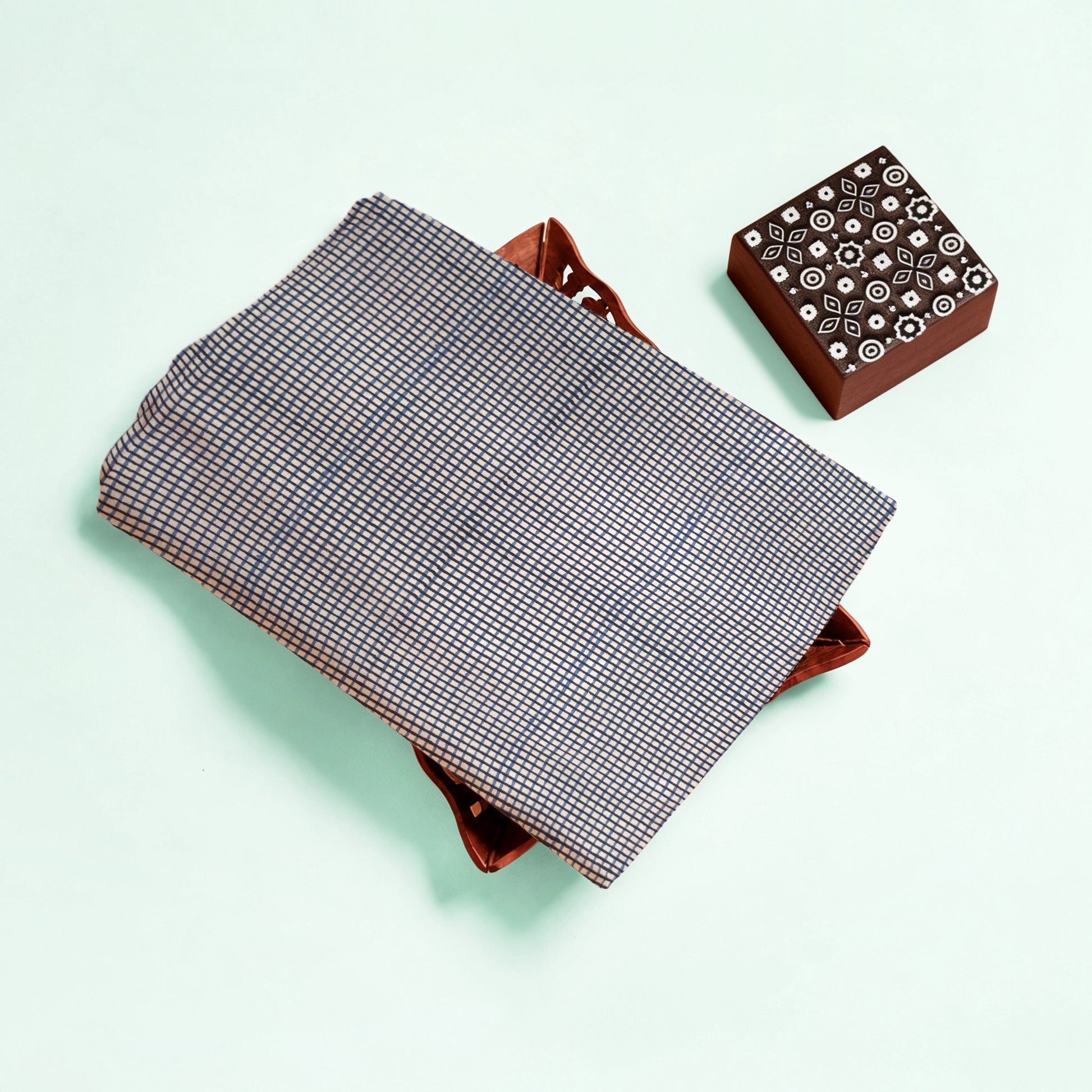 Off White Checks Natural Dyed Ajrakh Hand Block Print Cotton Fabric