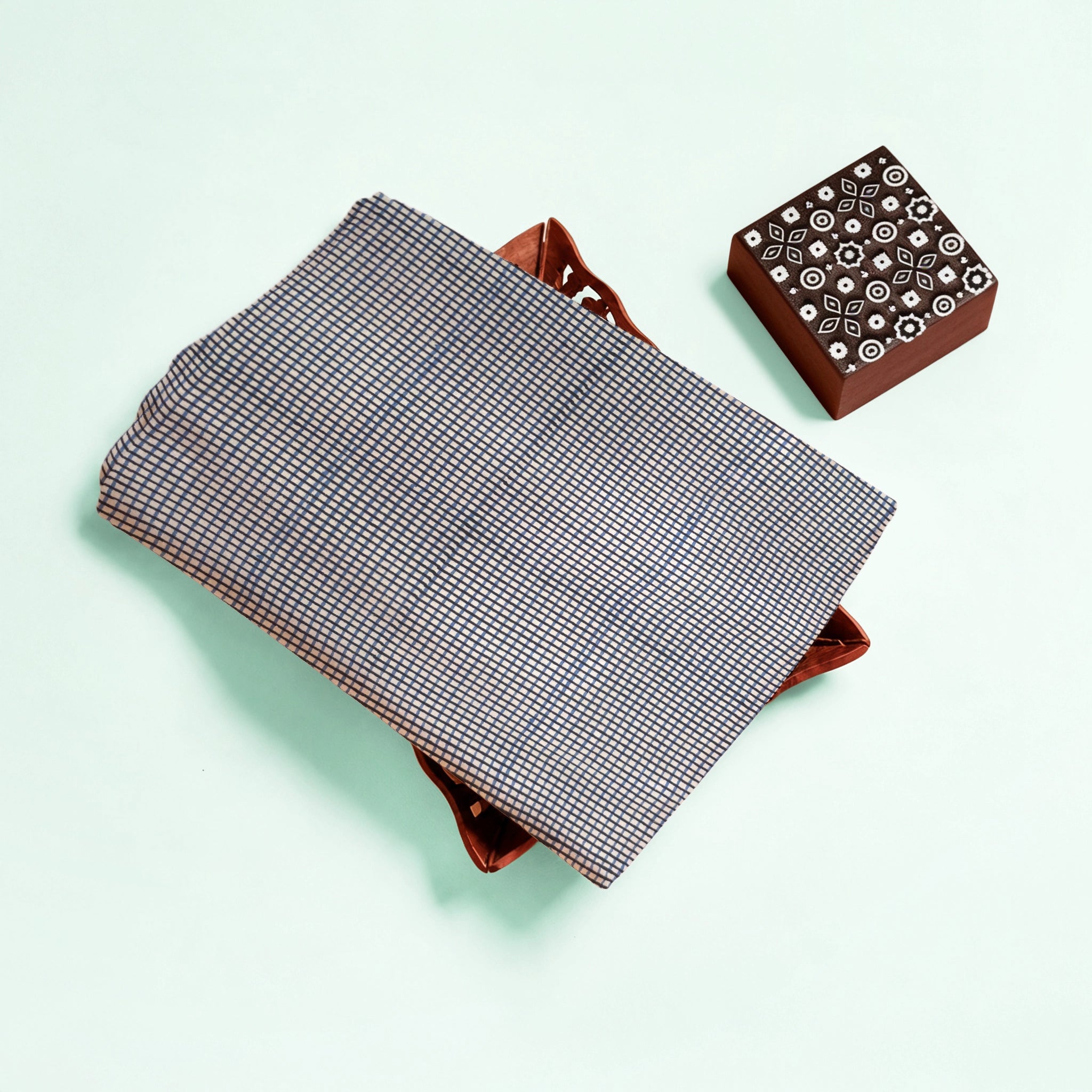 Off White Checks Natural Dyed Ajrakh Hand Block Print Cotton Fabric