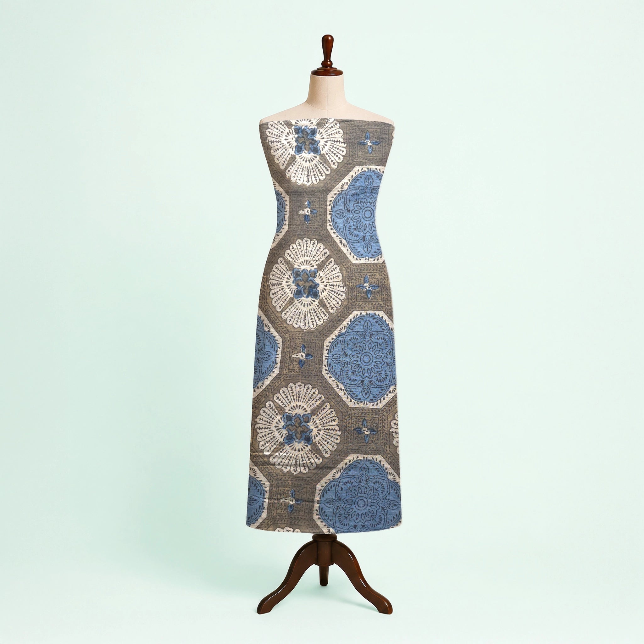Off white Geometric Natural Dyed Ajrakh Hand Block Print Malmal Fabric